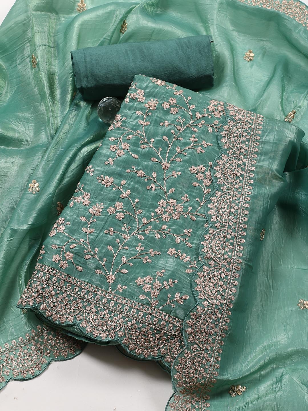 

Meena Bazaar Embroidered Organza Unstitched Dress Material, Green