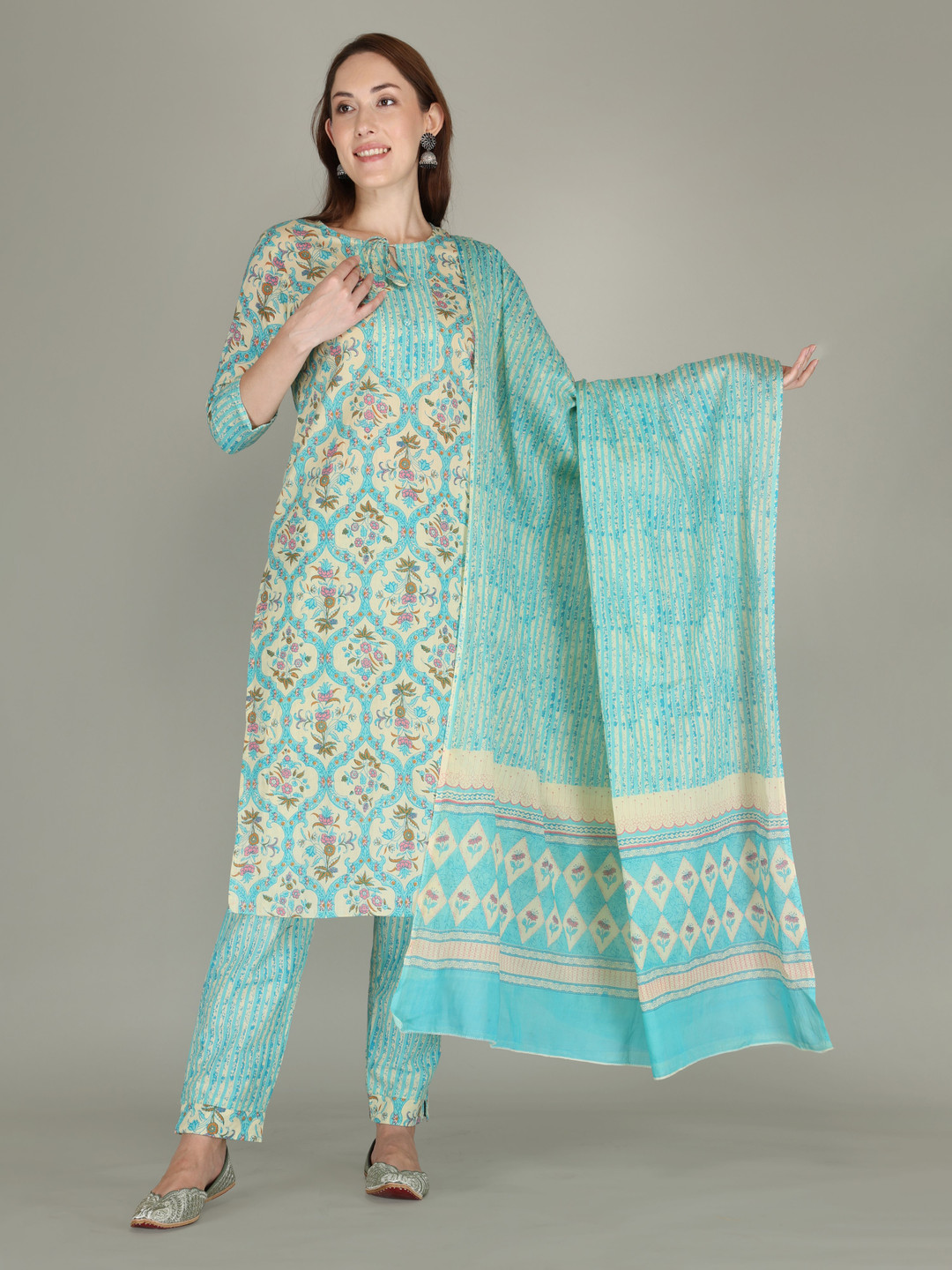 

AJ ART Floral Printed Tie-Up Neck Straight Kurta With Trousers & Dupatta, Lime green