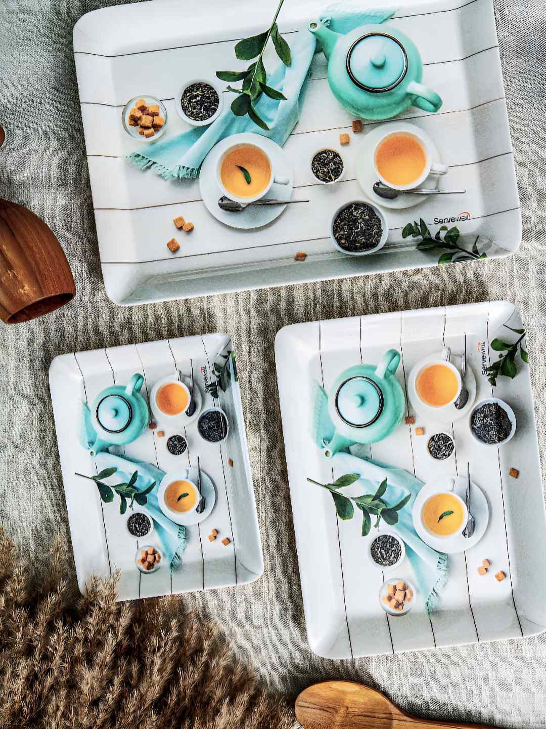 

Servewell White & Blue 3 Pieces Melamine Dishwasher Safe Serving Tray