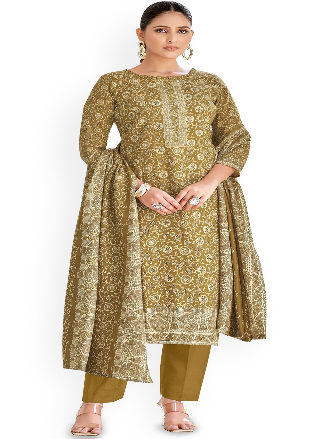 

DRAVINAM Trends Floral Printed Sequnnied Pashmina Unstitched Dress Material, Brown