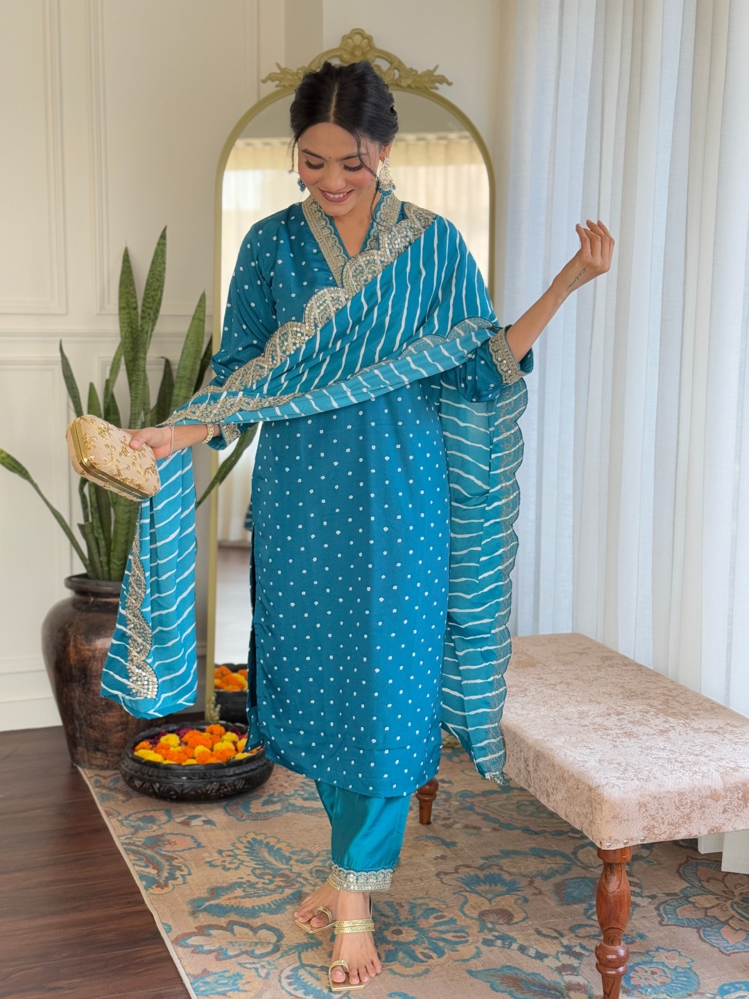 

KALINI Women Bandhani Embroidered Empire Thread Work Kurta with Trousers & With Dupatta, Turquoise blue