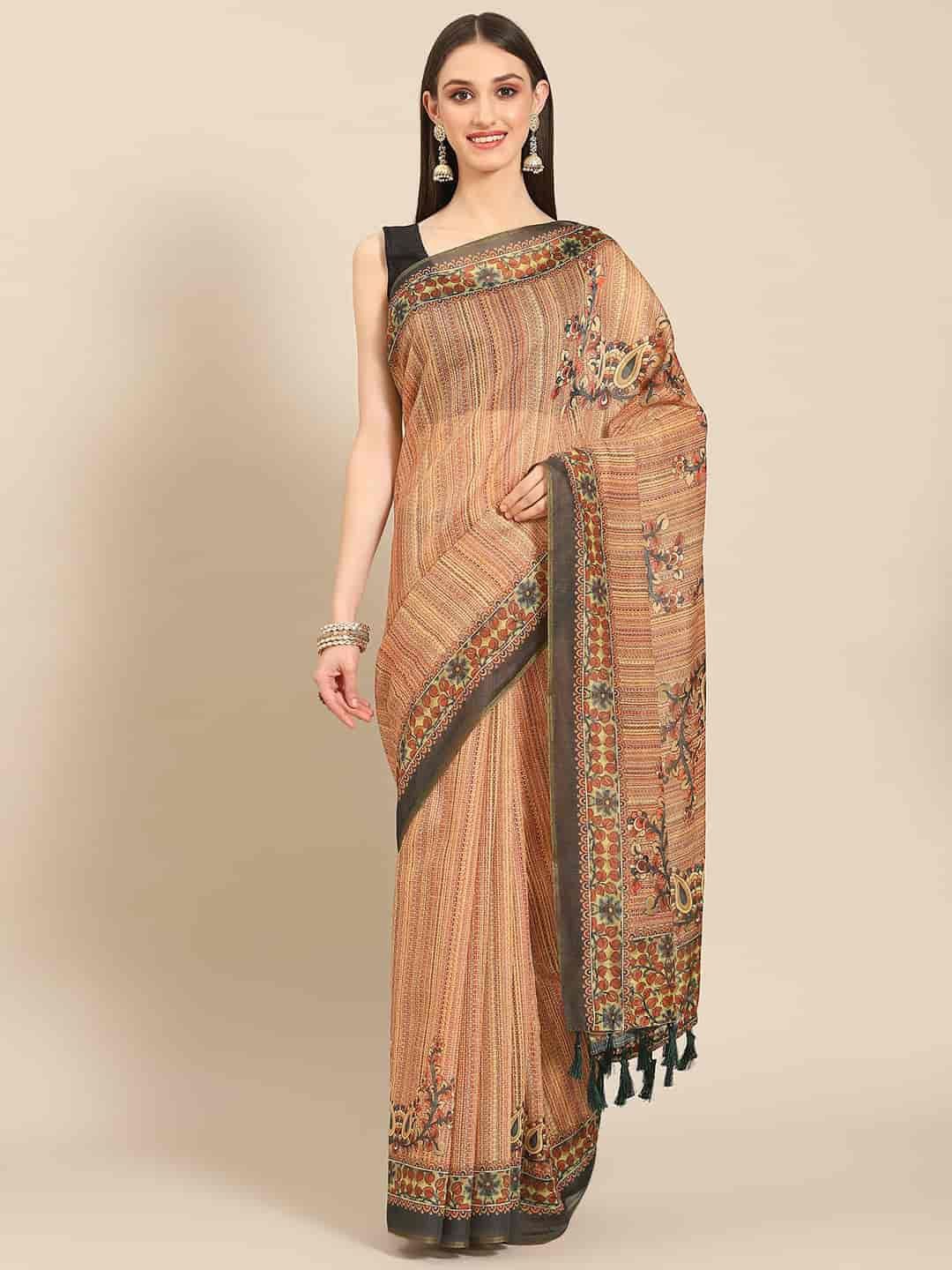

DIVASTRI Digital Printed Kalamkari Chanderi Cotton Saree With Tassels, Beige