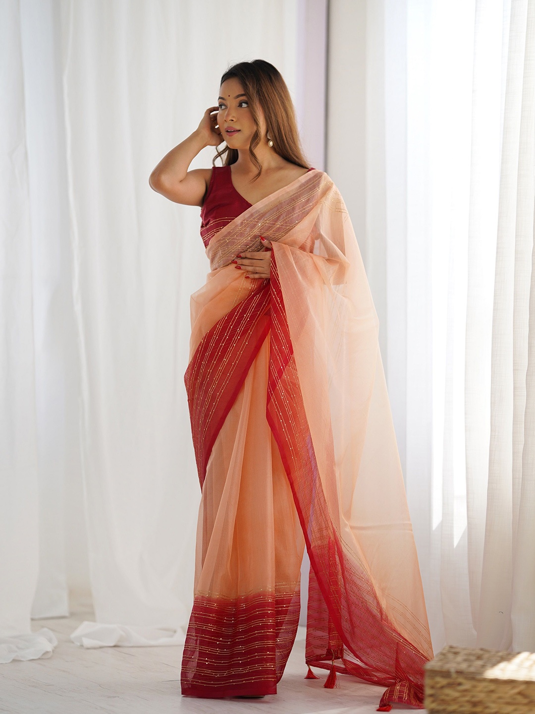 

J.KANJI Sequinned Organza Khadi Saree, Peach