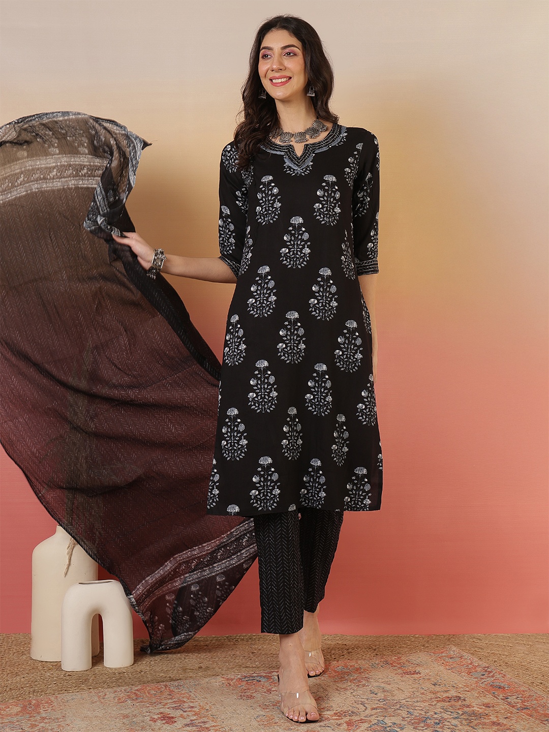 

Sangria Printed Straight Kurta With Trousers & Dupatta, Black