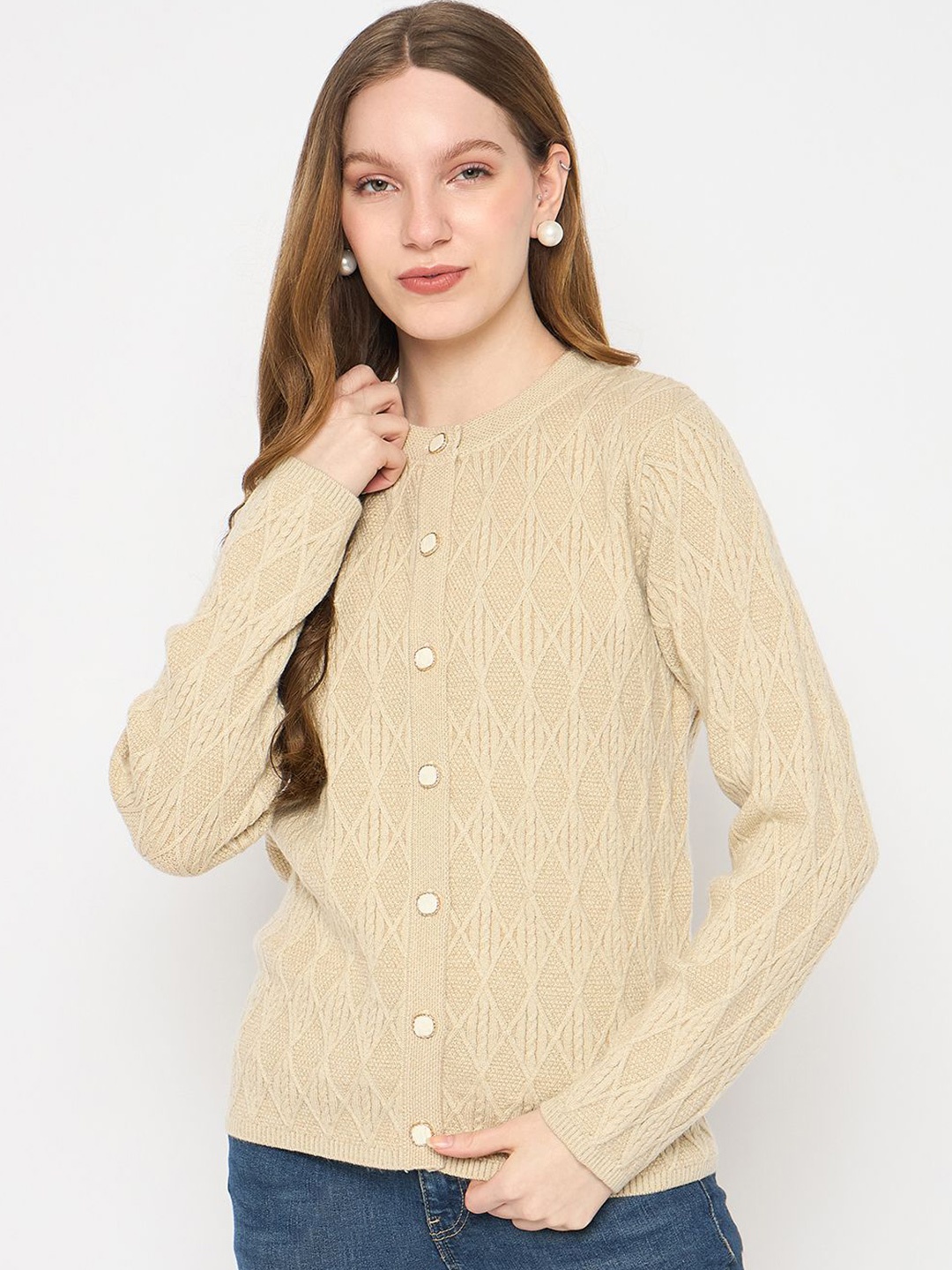 

Madame Women Striped Cardigan, Beige