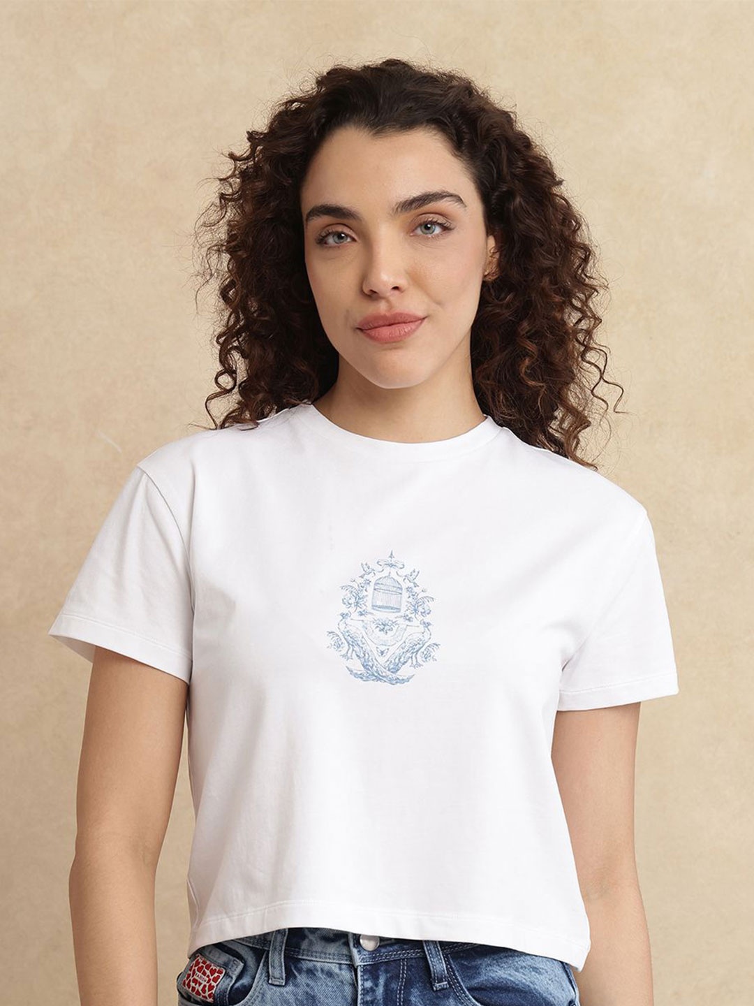 

RAREISM Women Printed Raw Edge T-shirt, Off white