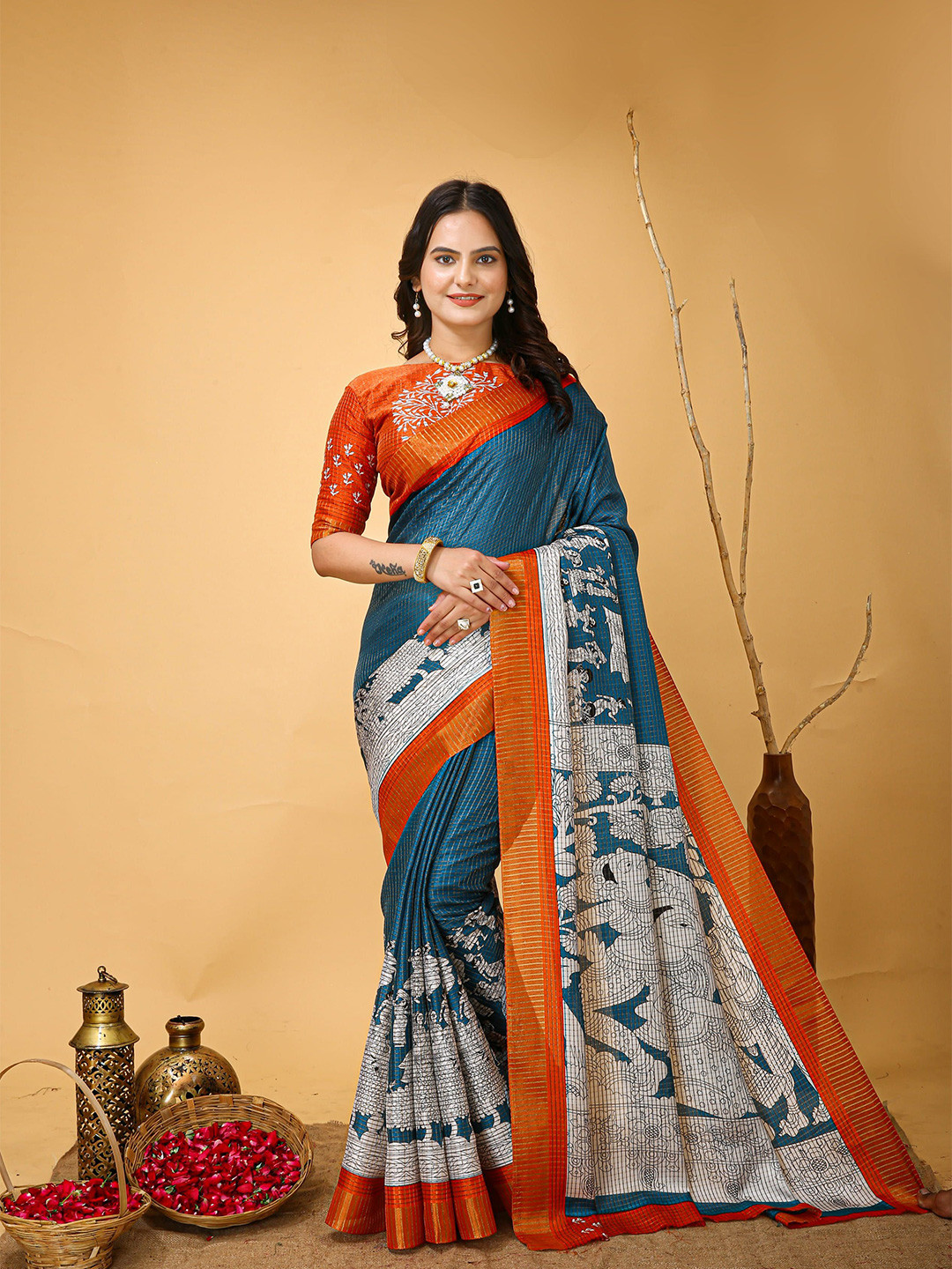 

KAYOMMI Woven Design Zari Pure Cotton Kanjeevaram Saree, Teal