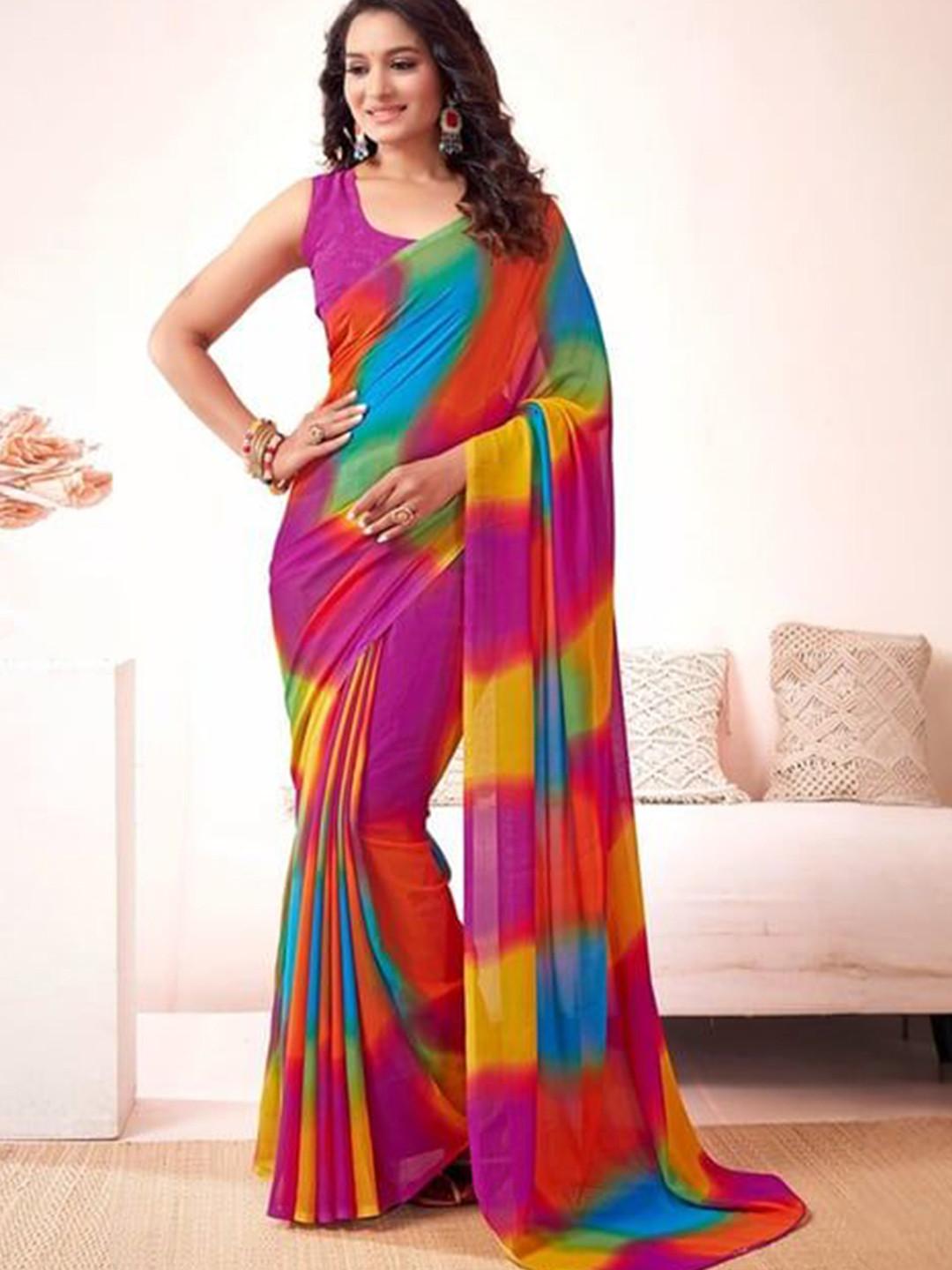 

HERE&NOW Women Colourblocked Saree With Blouse Piece, Pink