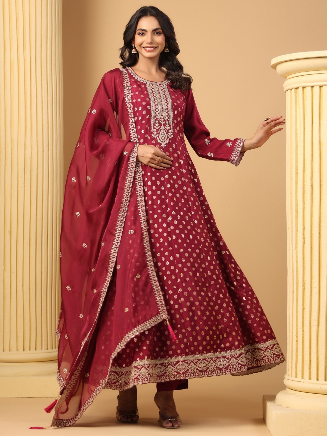 

Sindh Fashion Women Ethnic Motifs Embroidered Panelled Kurta with Trousers & With Dupatta, Maroon