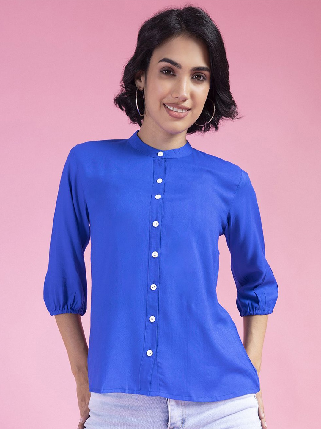 

TIKODI Solid Mandarin Collar Shirt Style Top, Blue