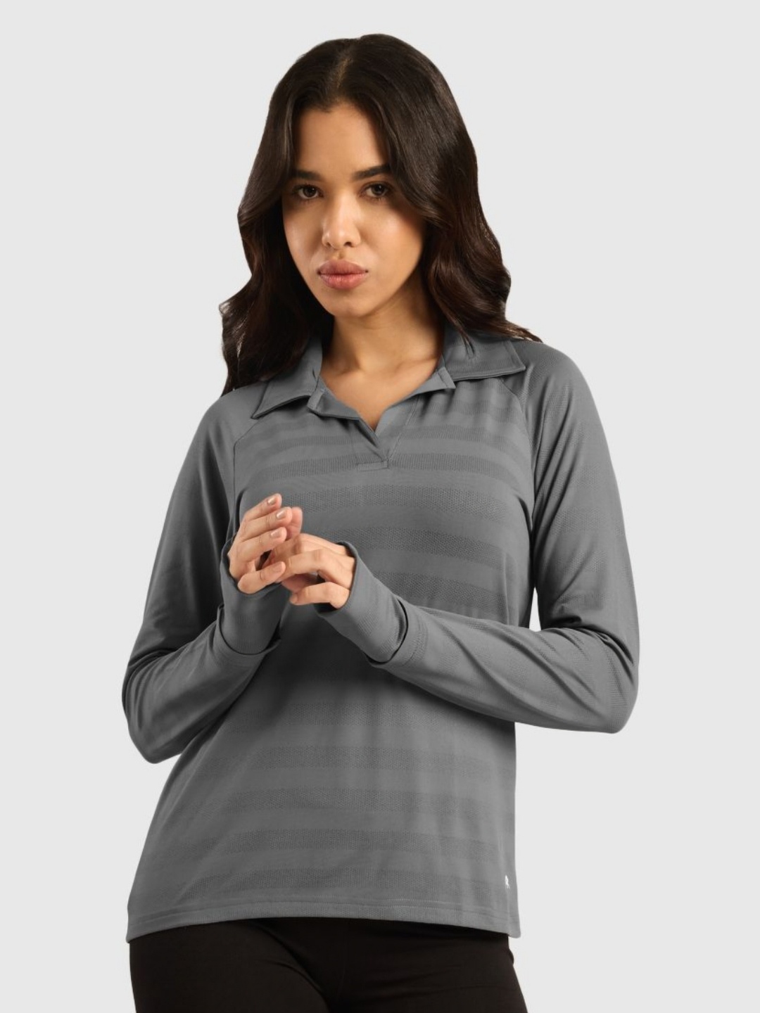 

Musclemind Women Self Design Polo CollarT-shirt, Grey