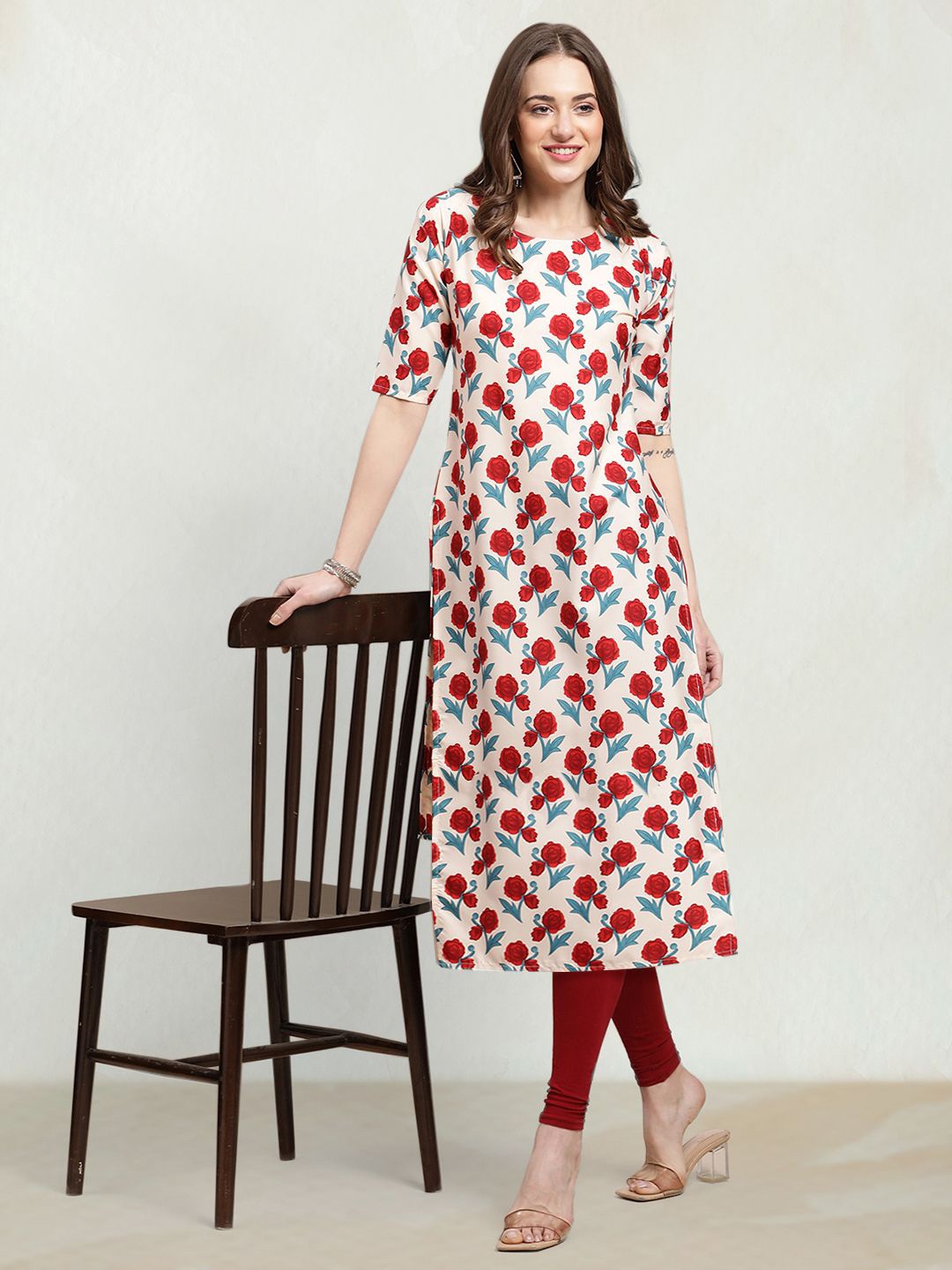 

Moda Rapido Floral Printed Round Neck Straight Kurta, Beige