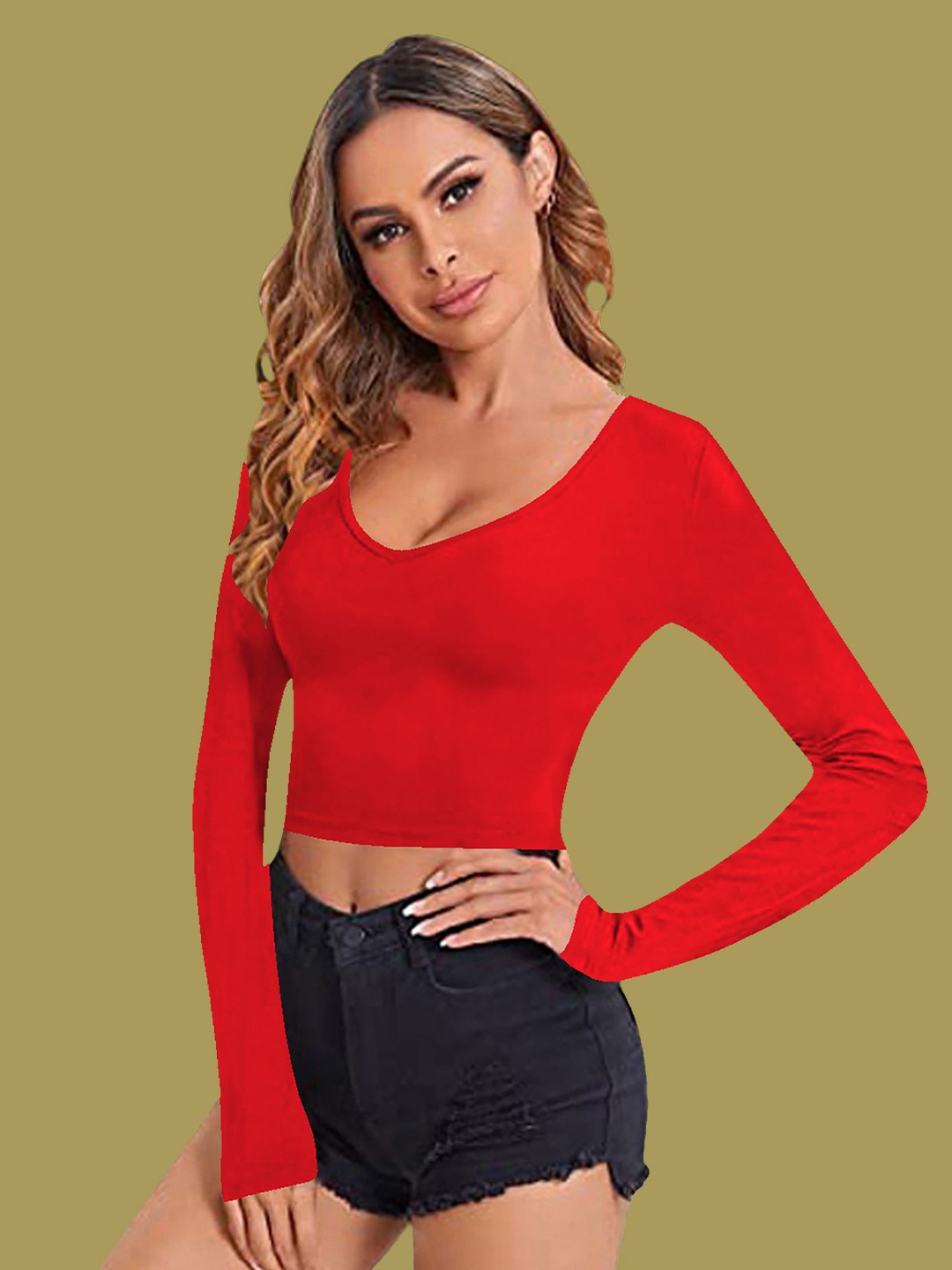 

Dream Beauty Fashion Women Long Sleeves Crop Top, Red
