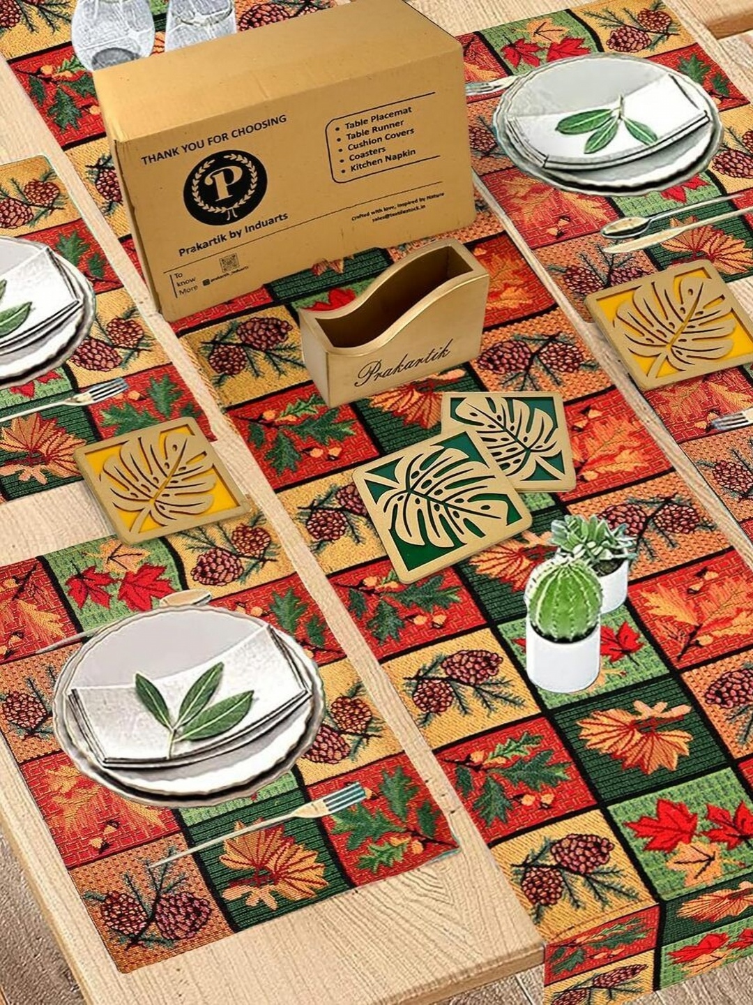 

PRAKARTIK Green & Red 9 Pieces Printed Cotton Table Placemats & Coasters