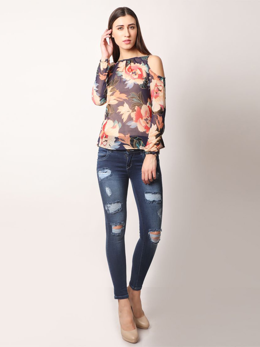 

DELIS Floral Print Georgette Top, Navy blue