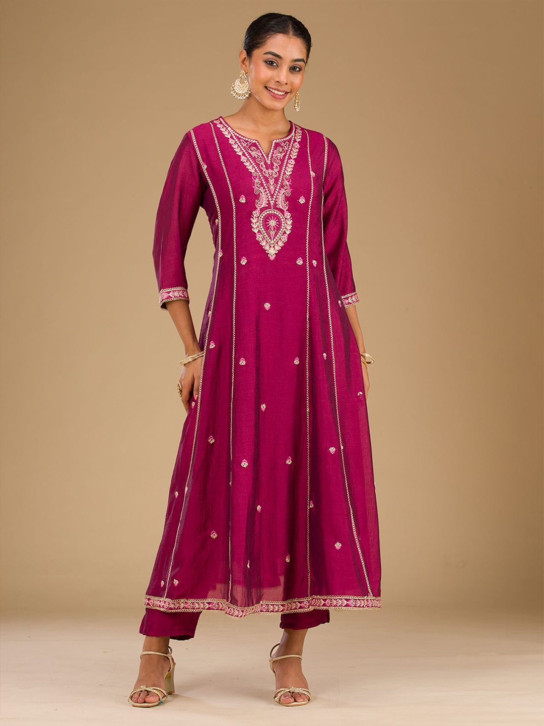 

Koskii Floral Embroidered Sequinned Anarkali Kurta with Trousers & Dupatta, Maroon