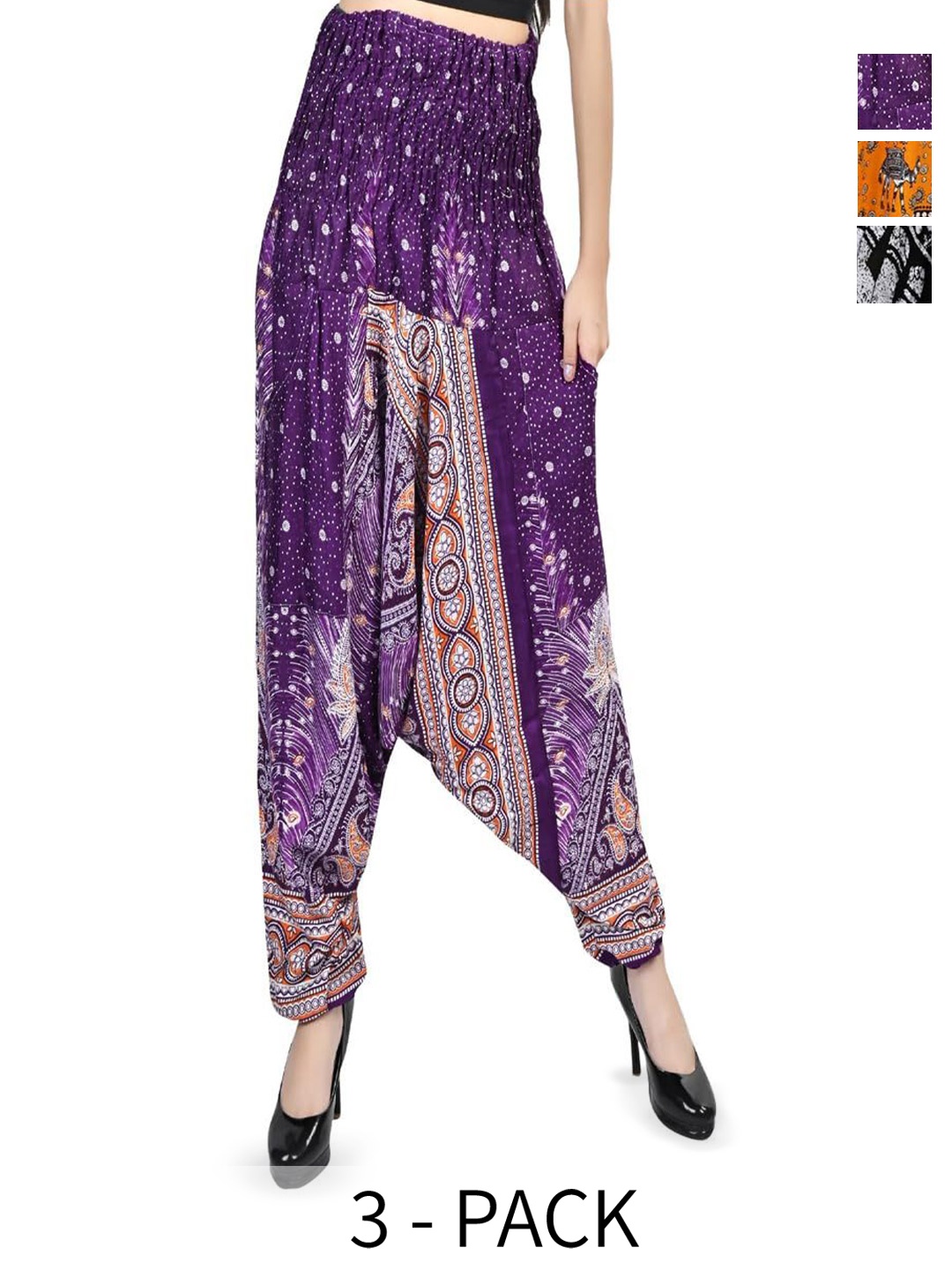 

NarNari Women Pack of 3 Printed Loose-Fit Harem Pants, Black