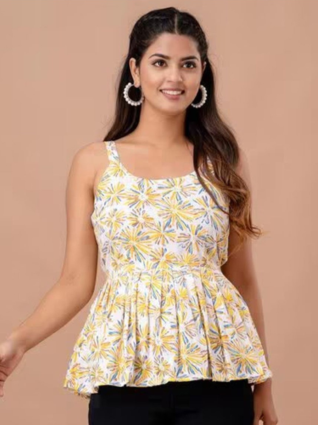 

Rangun Floral Printed Pleated Peplum Top, Yellow