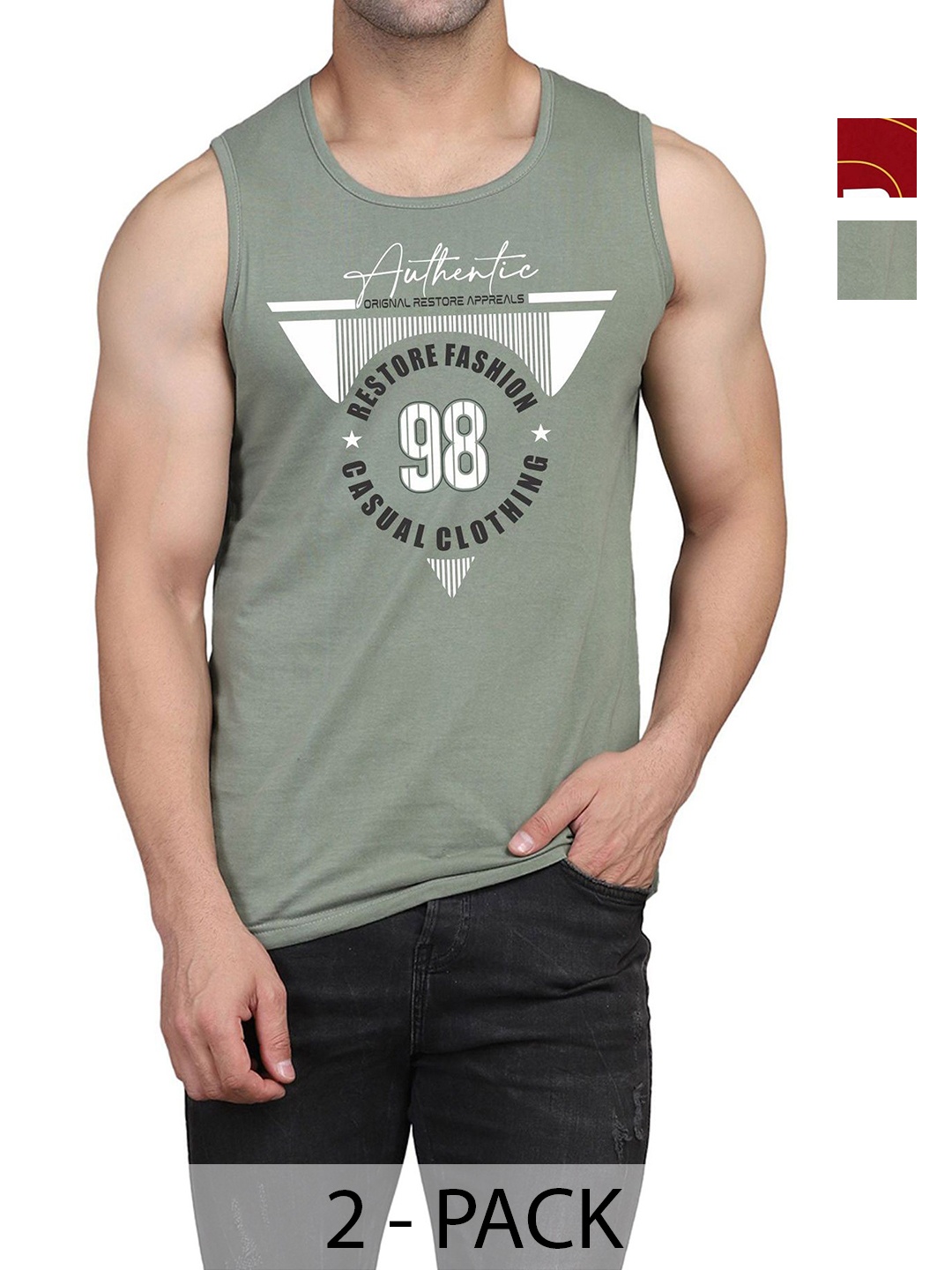 

WOOSTRO Men Pack Of 2 Typography Printed Round Neck Cotton Slim Fit T-shirts, Green