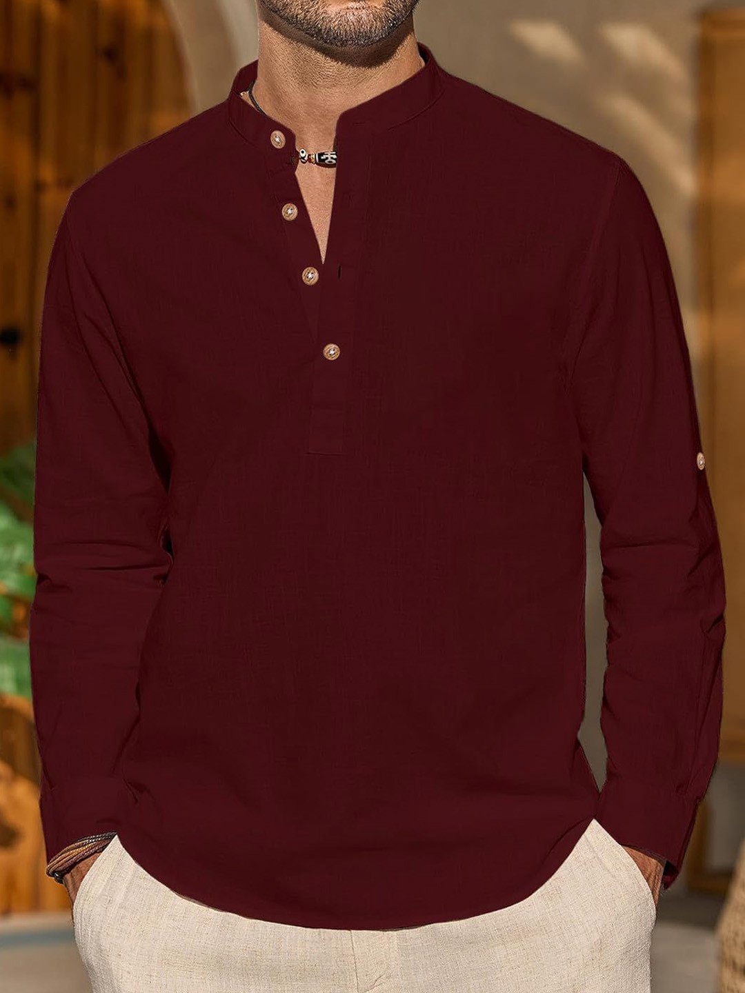 

Vida Loca Band Collar Cotton Straight Slim Fit Short Kurta, Maroon