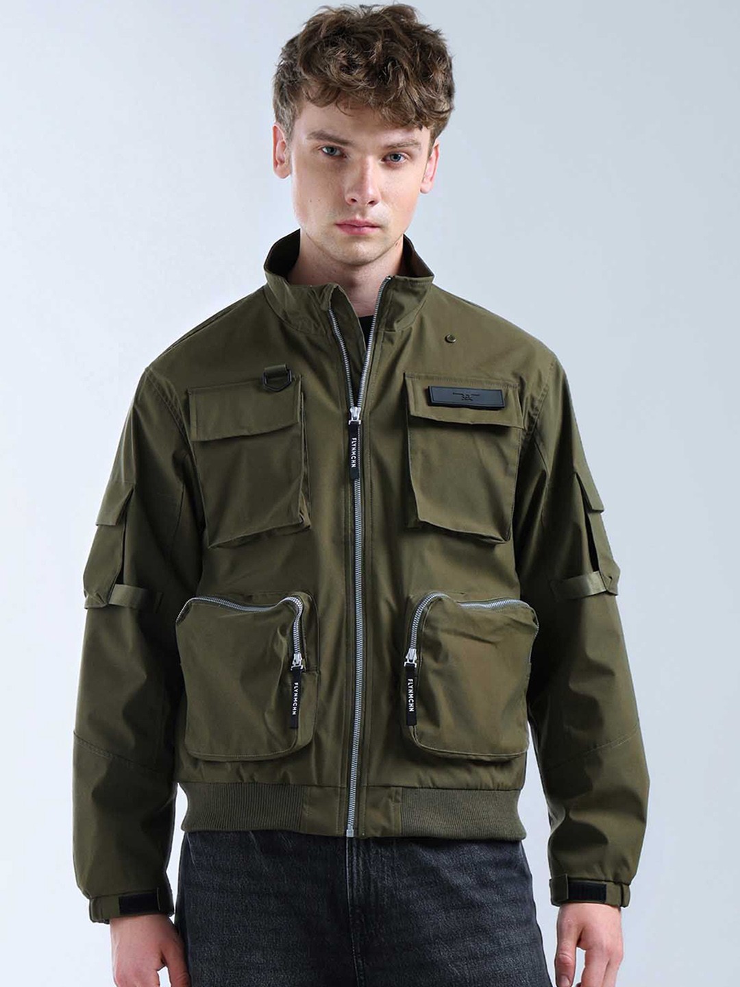 

Flying Machine Men Mock Collar Solid Casual Bomber Jacket, Olive