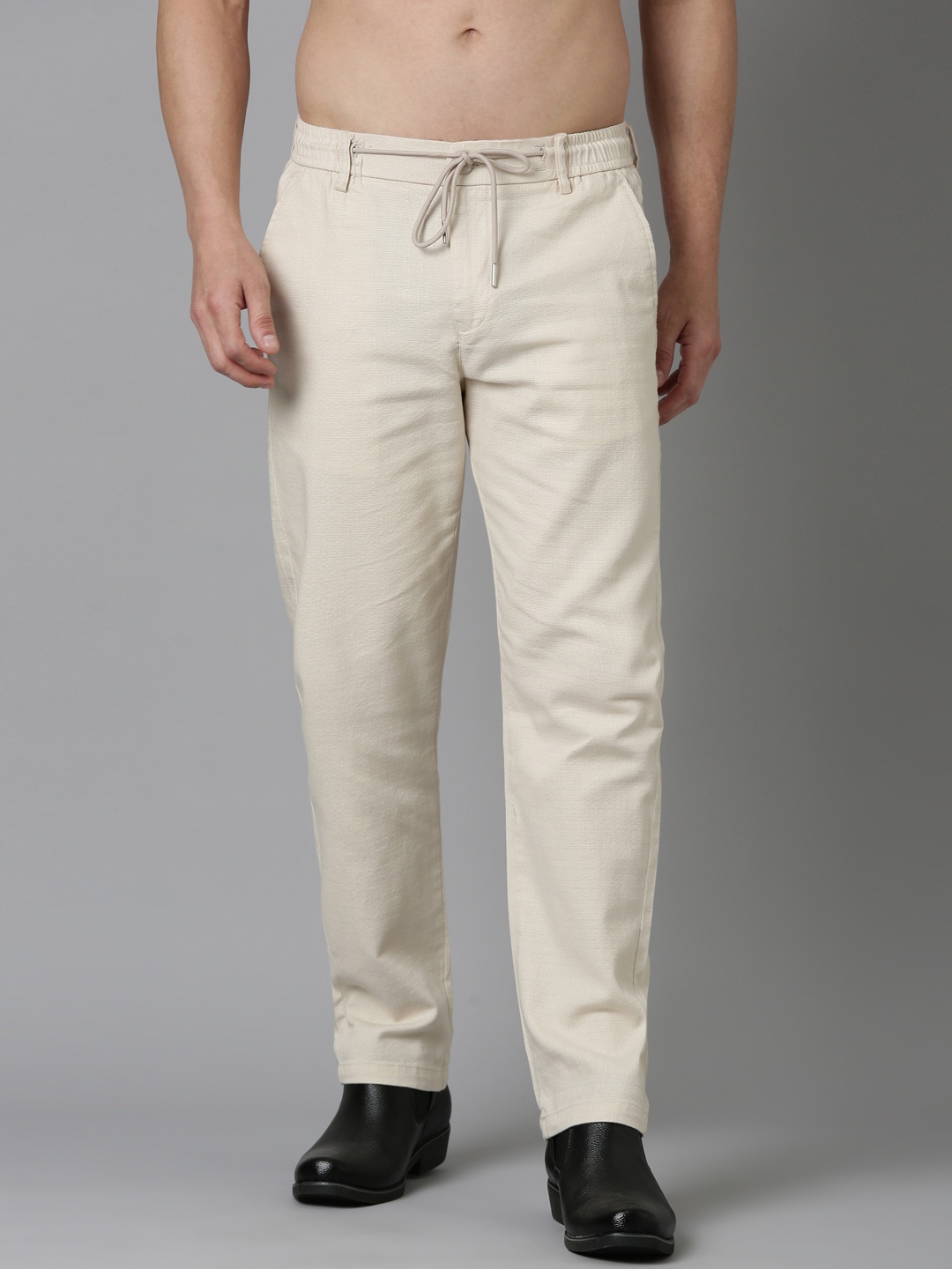 

NEVER NEUD Men Relaxed Fancy Linen Trousers, Beige