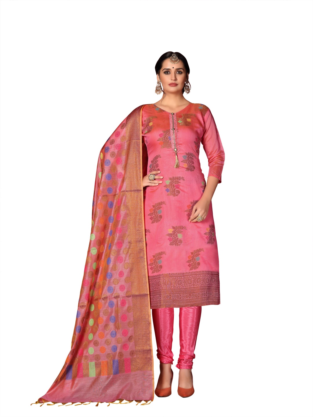 

HERE&NOW Floral Woven Design Banarasi Silk Unstitched Dress Material, Pink