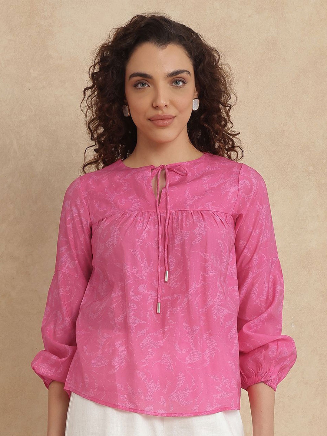 

RAREISM Print Tie-Up Neck Top, Pink