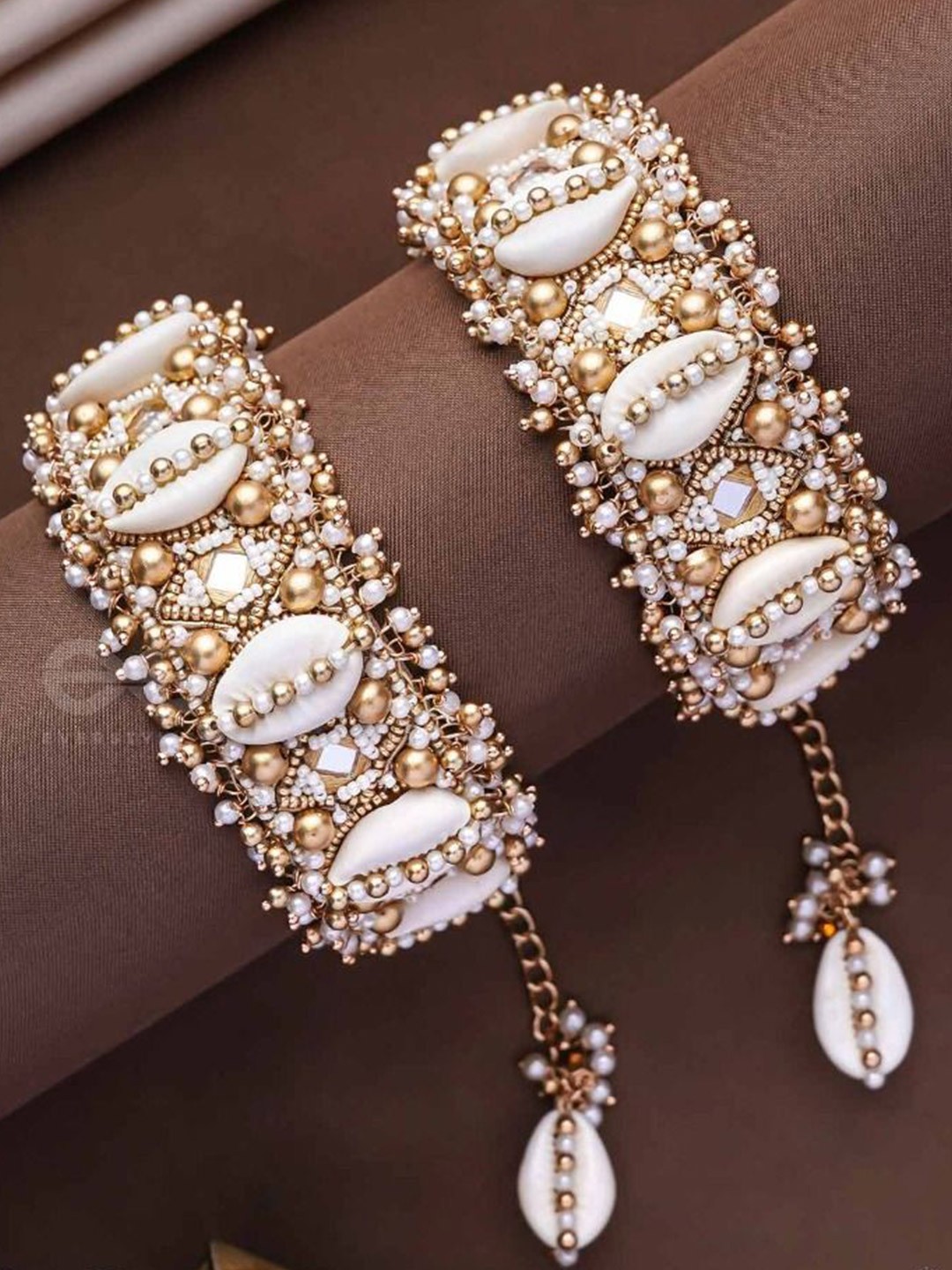 

EVERSTYLISH Sanjoya Mirrors & Beads Embroidered Cuff Bracelets (Set of 2), Gold