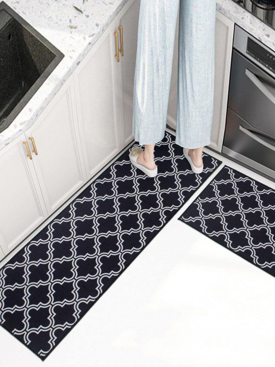 

Favria Black & White 2 Pieces Printed Anti-Skid Kitchen Mats