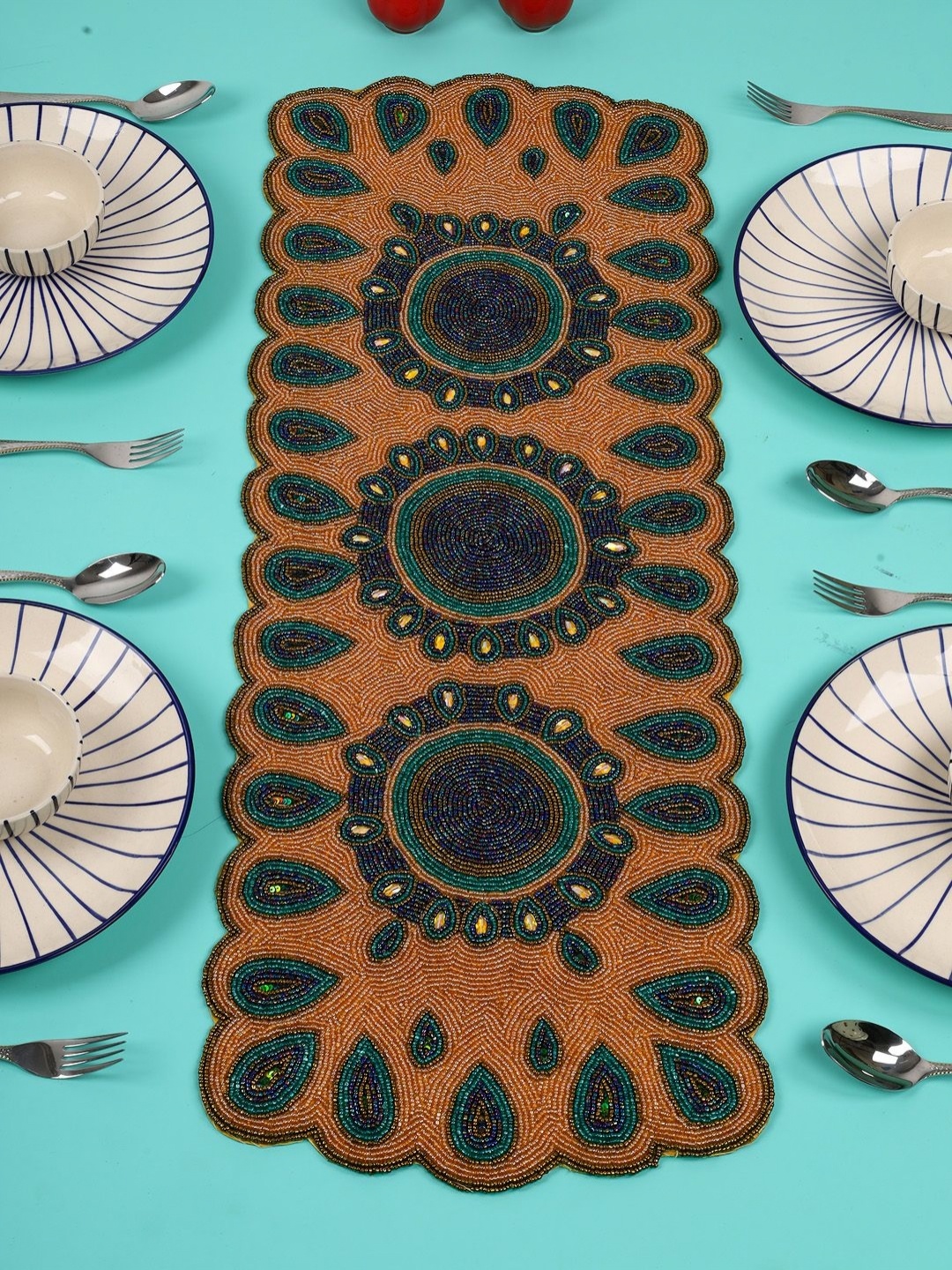 

YWULY Brown & Green Ethnic Motifs Beaded Dining Table Runner