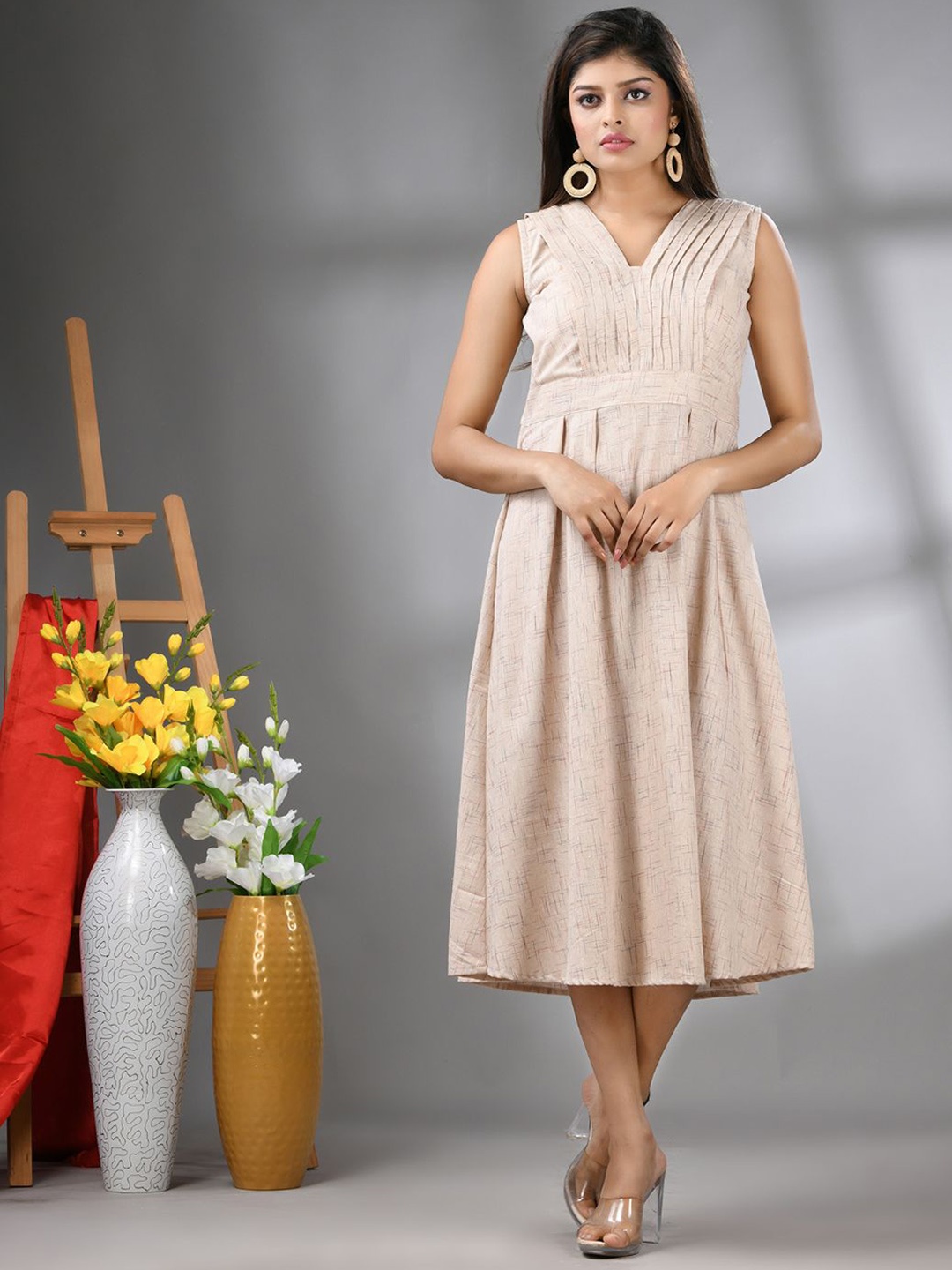 

Charukriti Cotton Fit & Flared Midi Dress, Beige