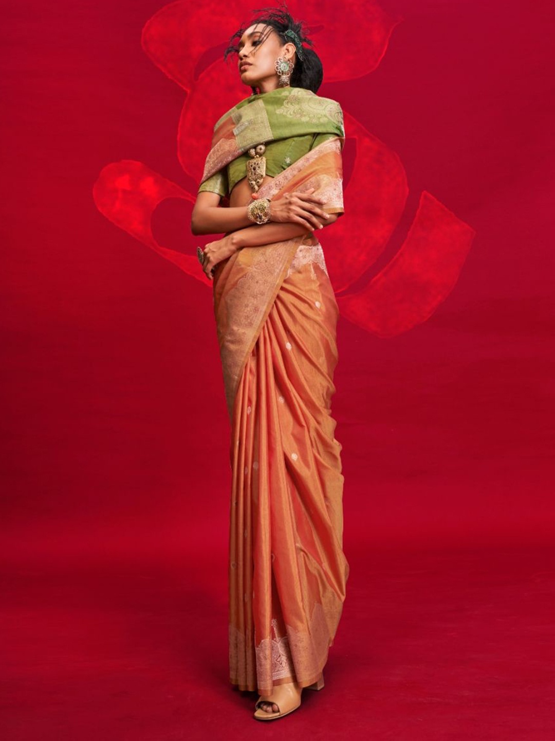 

PEENGAX Woven Design Zari Silk Blend Banarasi Saree, Orange