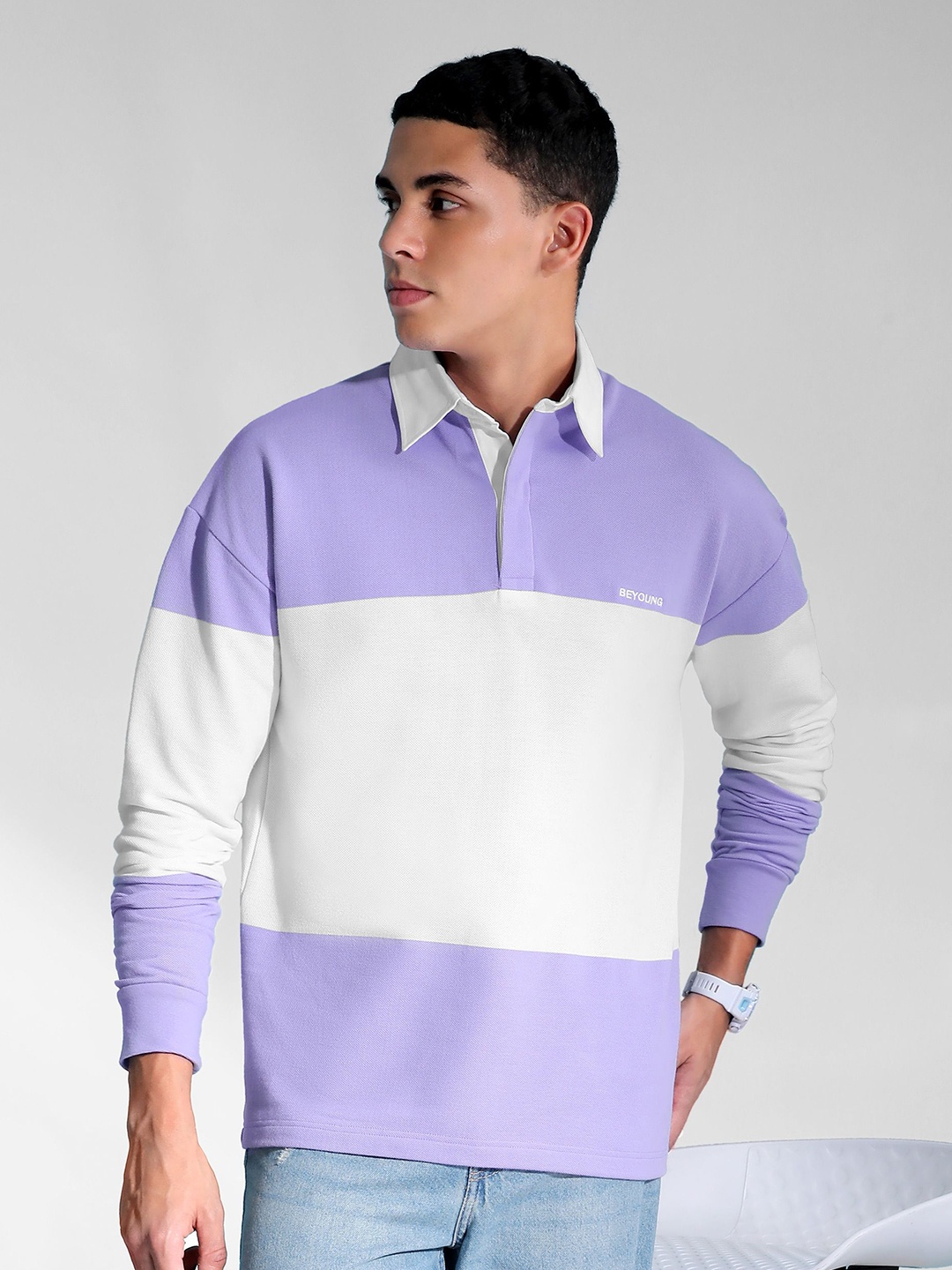 

Beyoung Men Striped Sweatshirt, Lavender