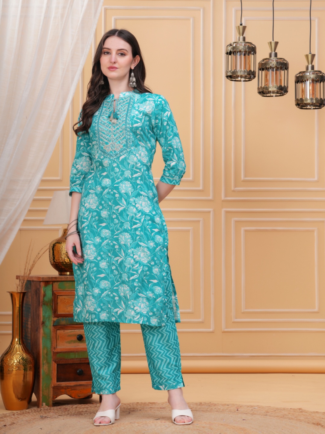 

KALINI Floral Printed Mandarin Collar Mirror Work Straight Kurta With Trousers & Dupatta, Turquoise blue