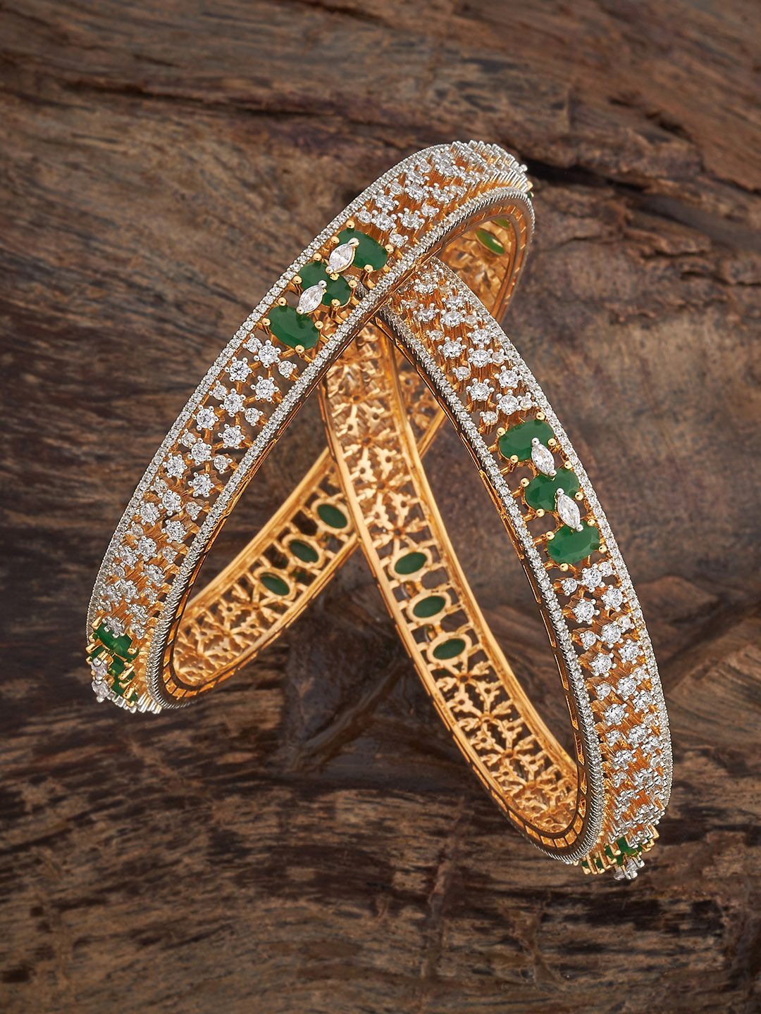 

Kushal's Fashion Jewellery Set Of 2 Green Gold-Plated Cubic Zirconia Studded Bangles