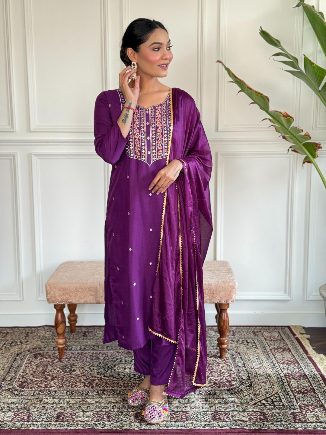 

Moda Rapido Floral Embroidered Sequnnied Straight Kurta With Trousers And Dupatta, Purple