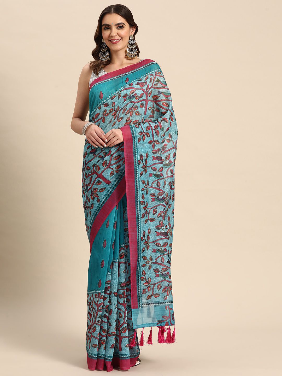 

DIVASTRI Digital Printed Kalamkari Chanderi Cotton Saree With Tassels, Blue