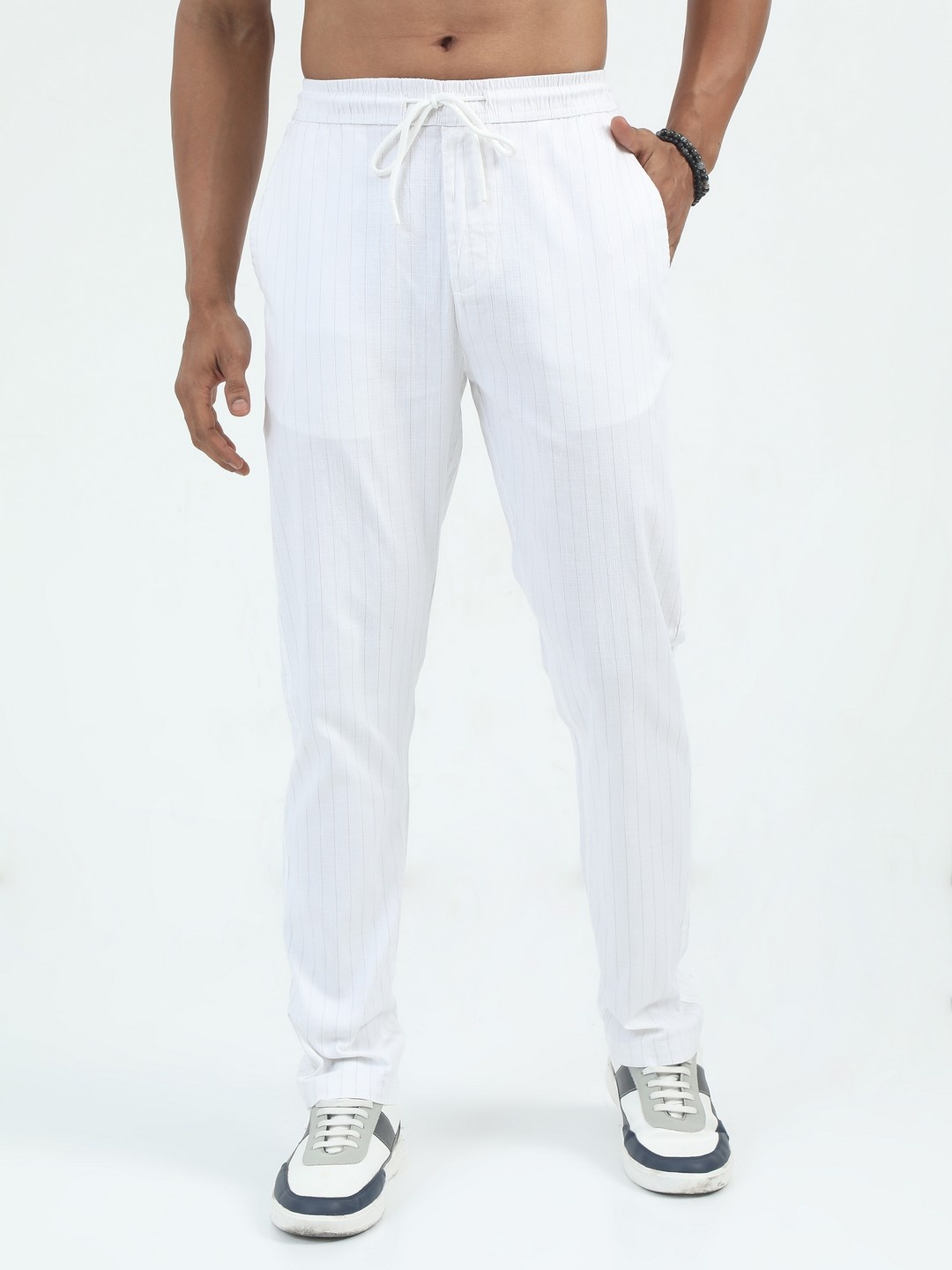 

NEVER NEUD Men Stripes Relaxed Trousers, White