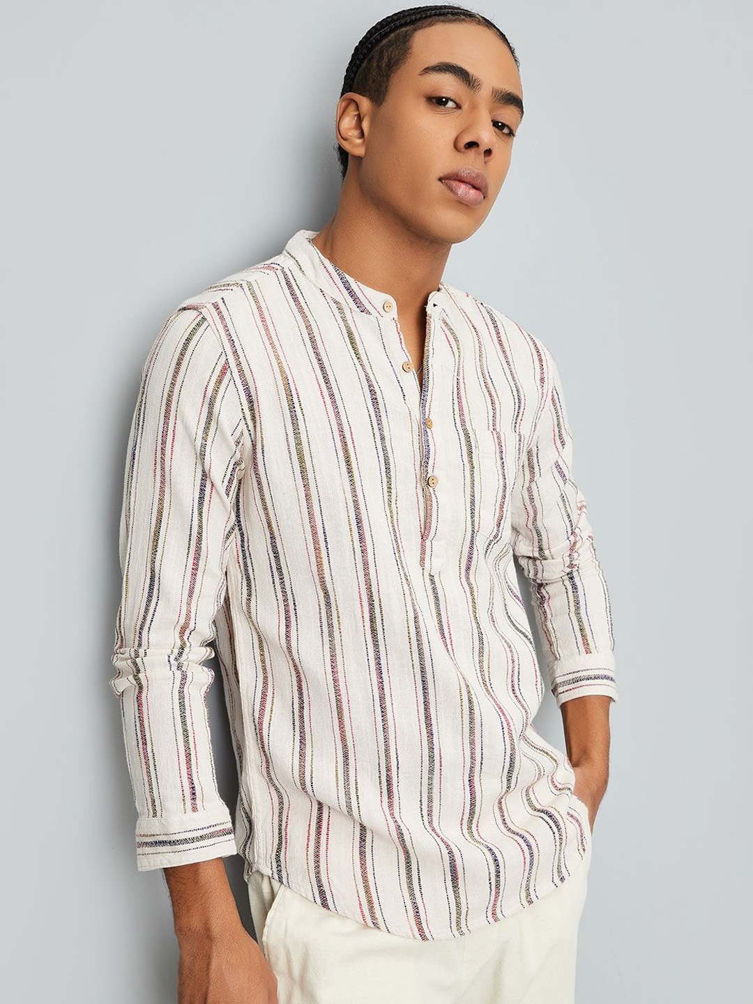 

max Striped Woven Design Pure Cotton Kurta, Beige