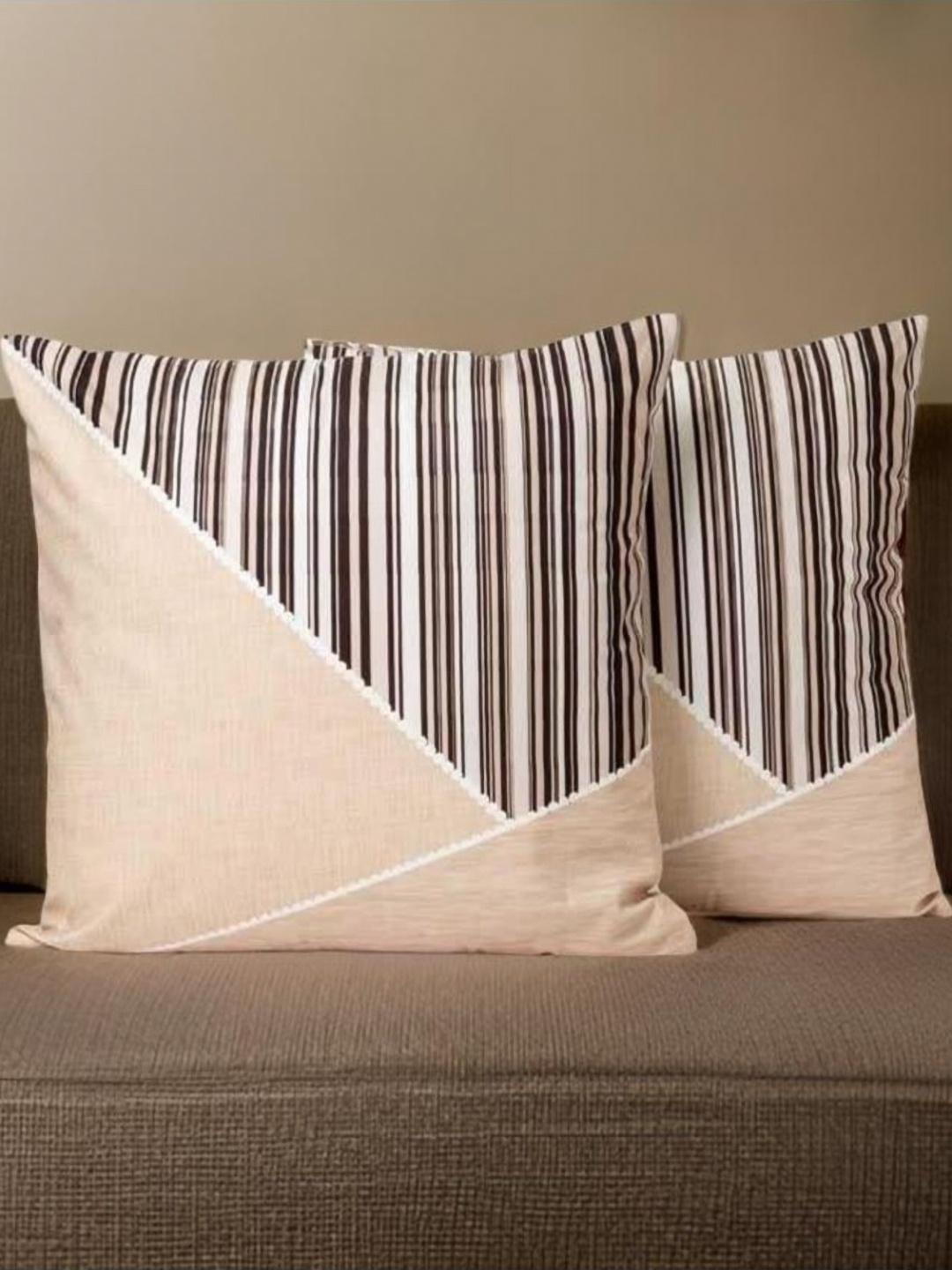 

Aura Beige & Brown 2 Pieces Striped Printed Pure Cotton Square Cushion Covers