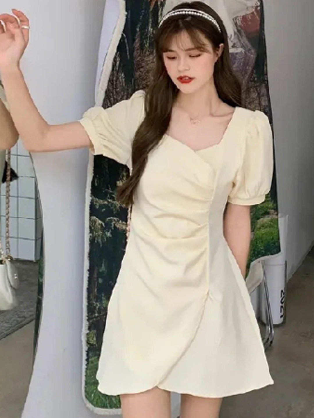 

StyleCast Women Puff Sleeve Wrap Dress, Cream