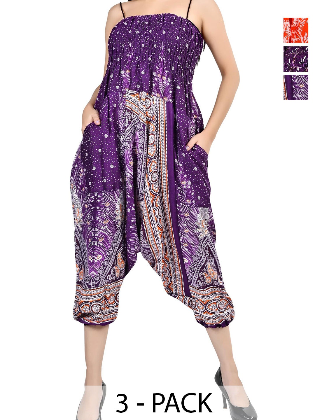 

NarNari Women Pack Of 3 Printed Mid-Rise Harem Pants, Purple