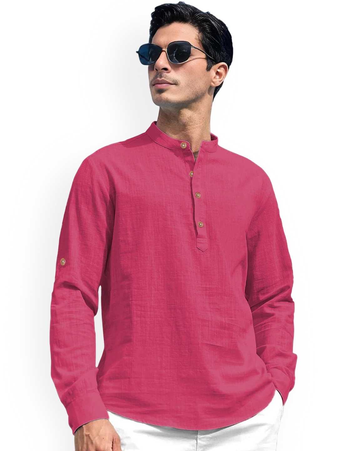 

Vida Loca Band Collar Pure Cotton Straight Kurta, Pink