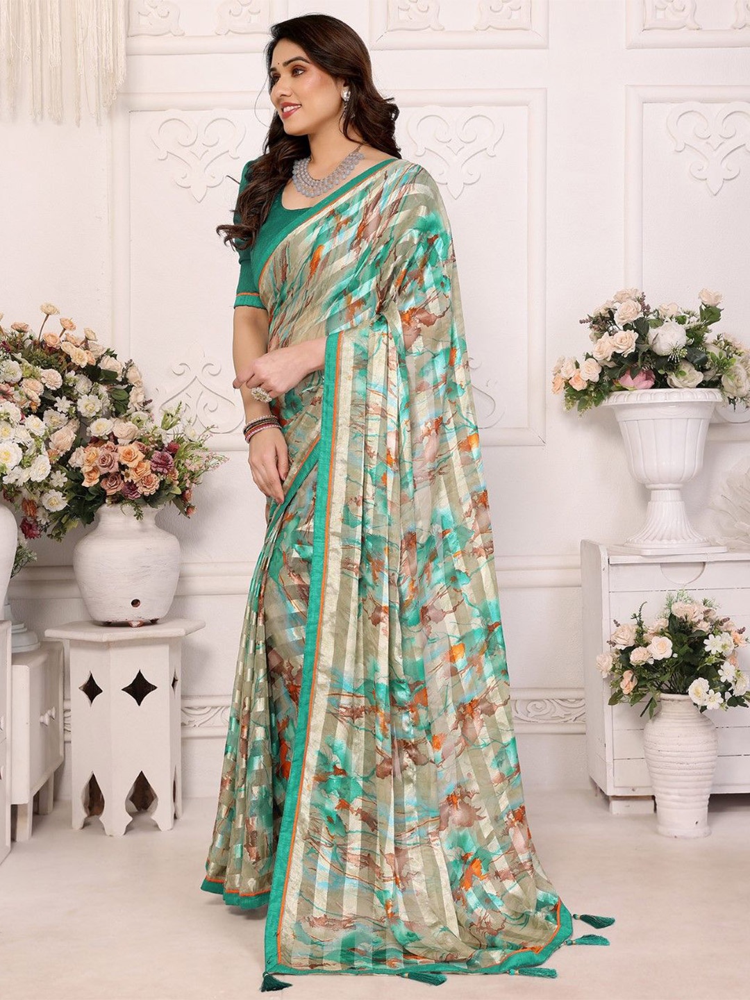 

KALINI Satin Saree, Olive