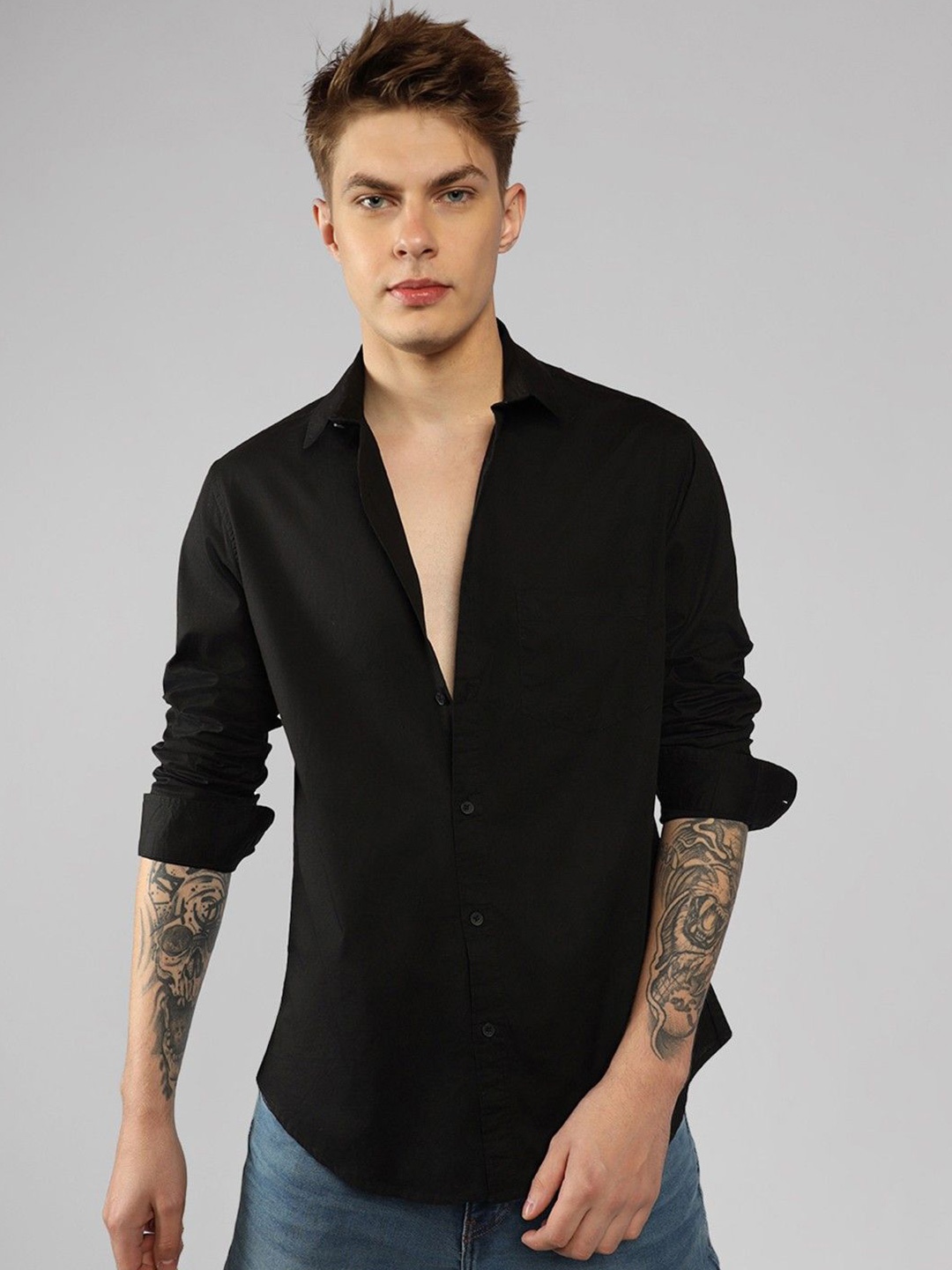 

NANCHI Men Semi Sheer Casual Shirt, Black