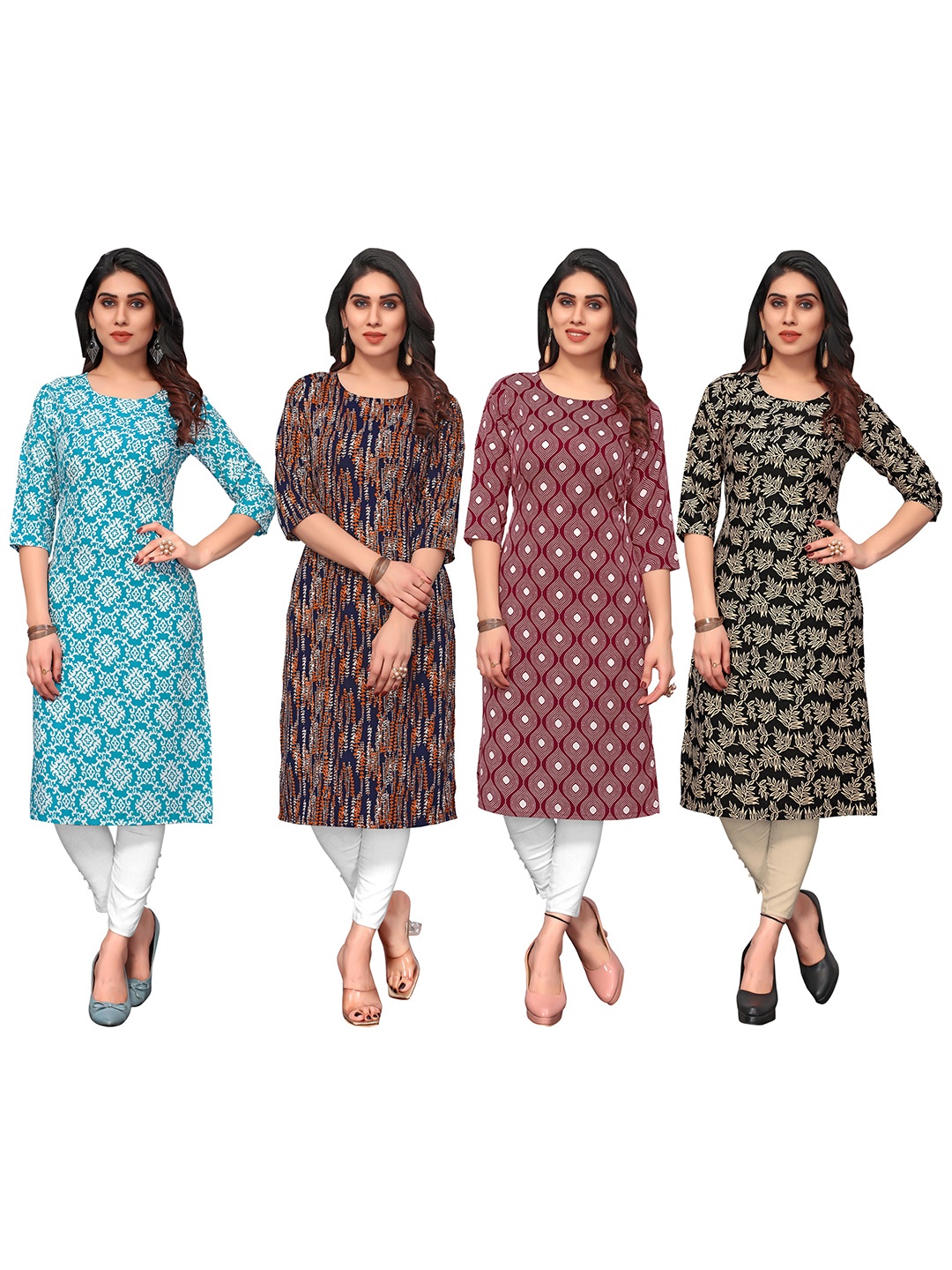 

KETAKI FASHION Selection Of 4 Floral Printed Round Neck Straight Kurtas, Blue