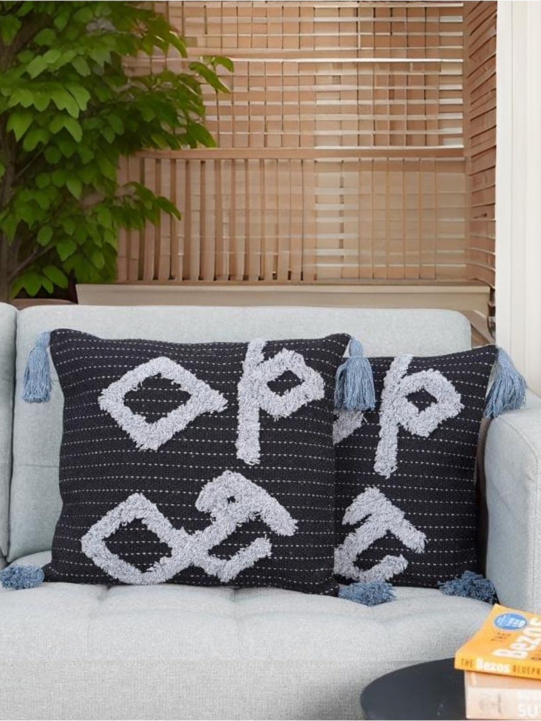 

Aura Black & Grey 2 Pieces Geometric Textured Square Cushion Covers