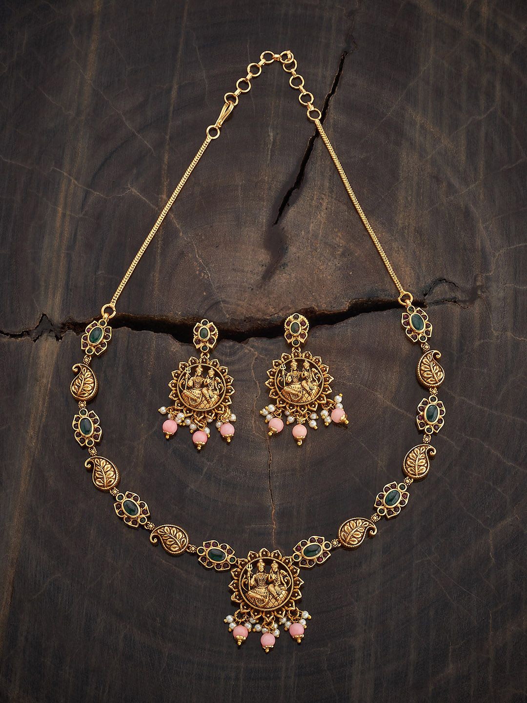 

Kushal's Fashion Jewellery Copper Ruby-Green Gold-Plated Antique Necklace