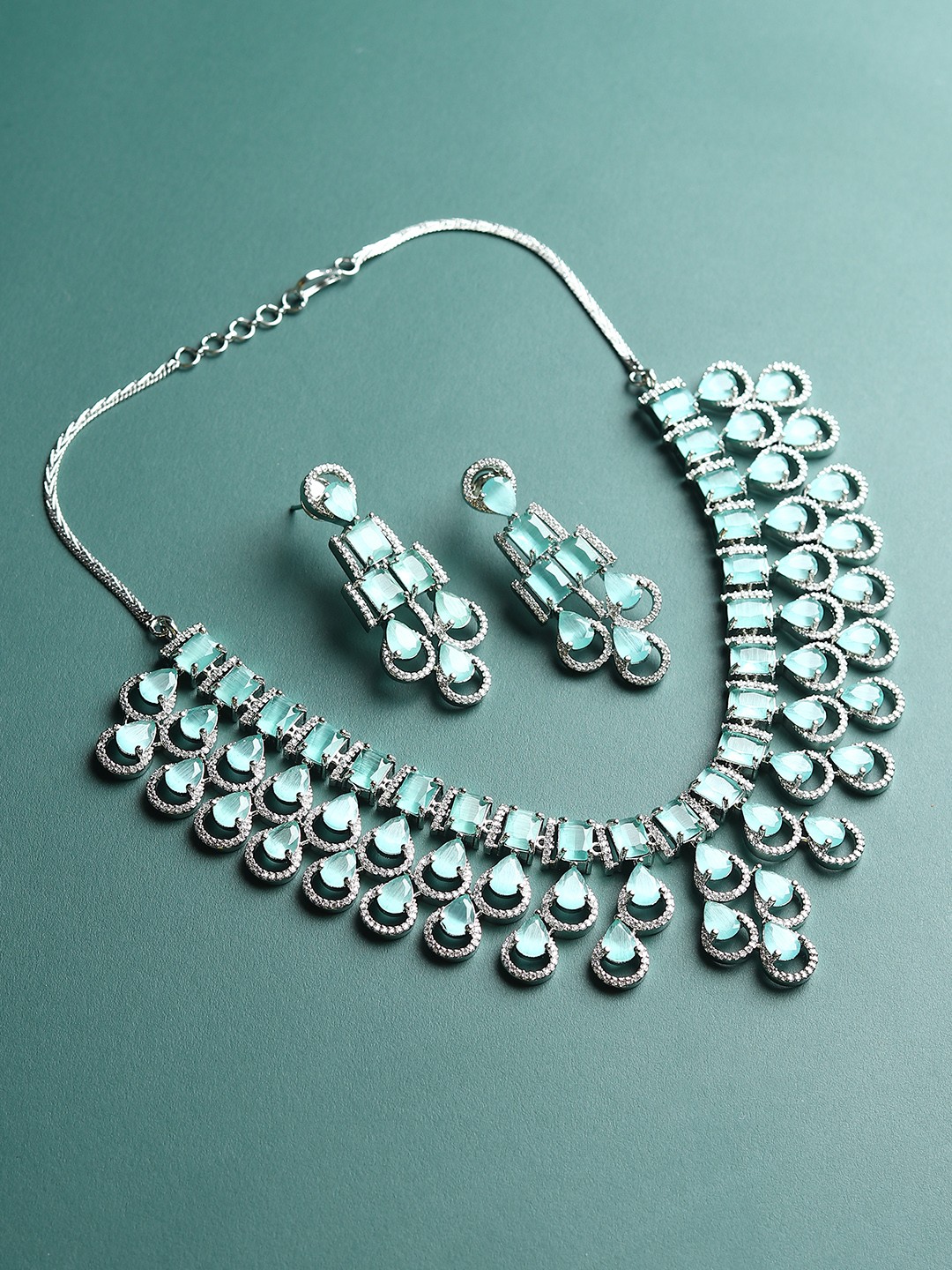 

RHOSYN Rhodium-Plated Cubic Zirconia & American Diamond Studded Jewellery Set, Silver